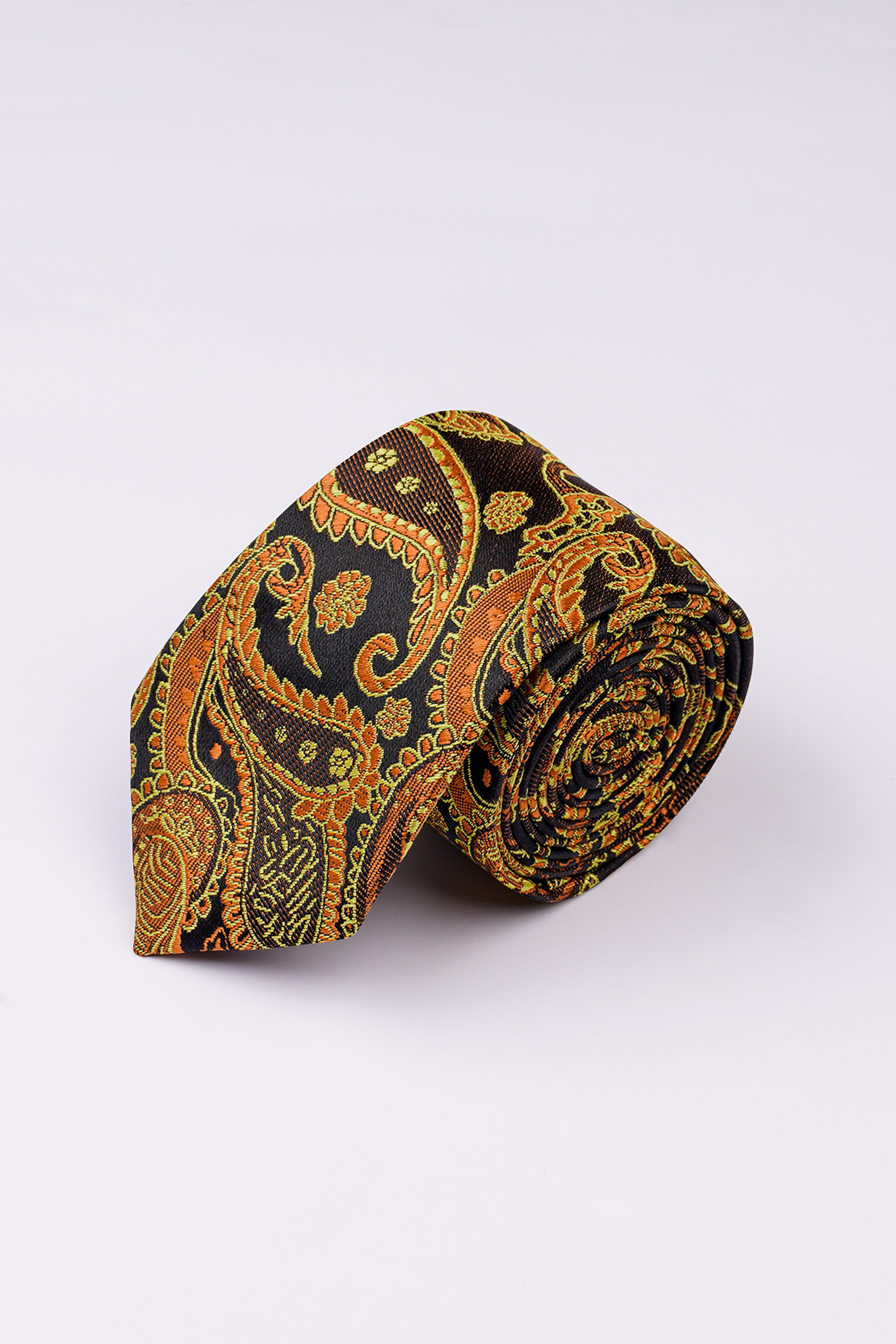 Cadmium Orange with Cafe Noir Brown Paisley Jacquard Tie with Pocket Square TP054