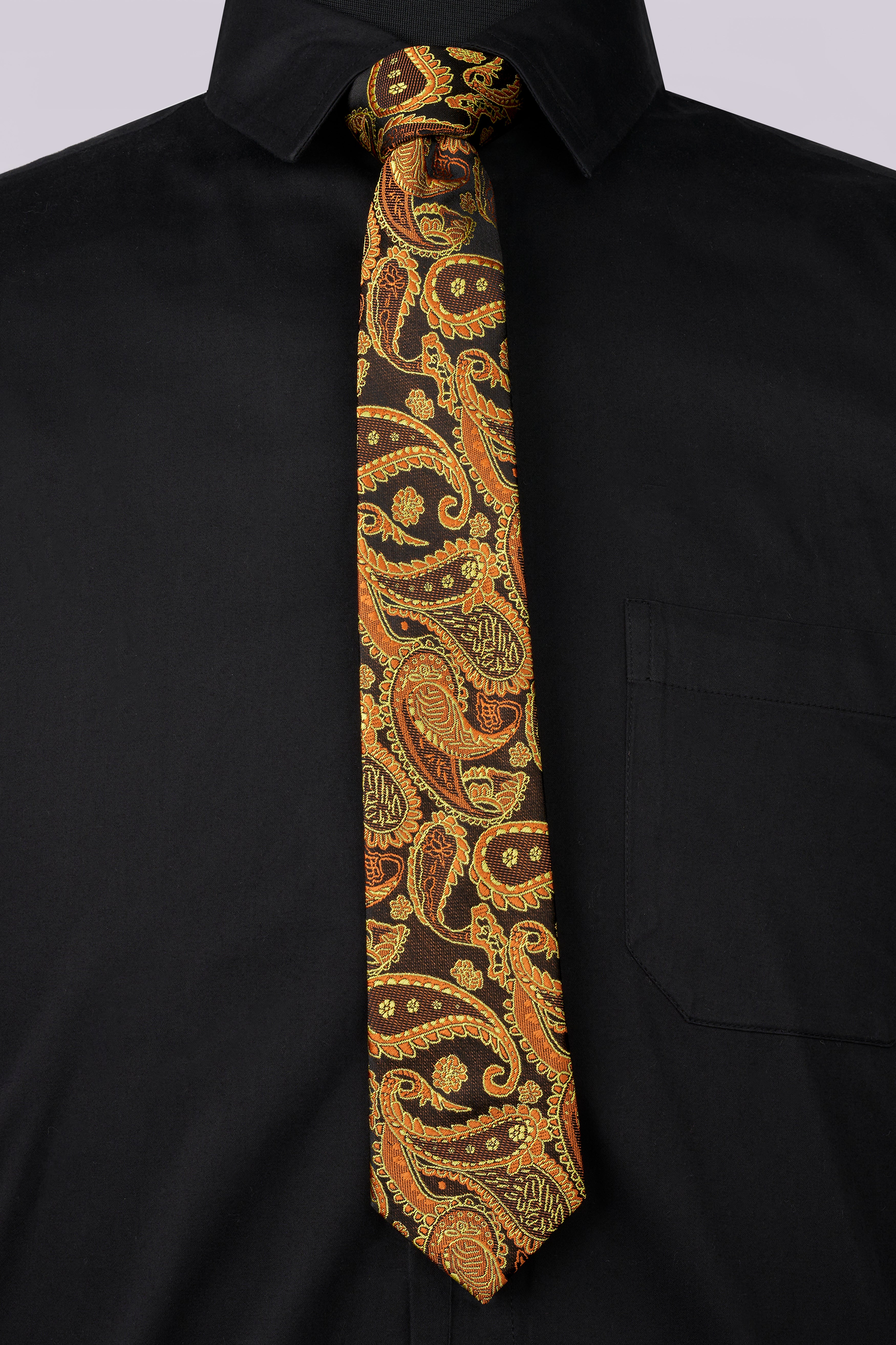 Cadmium Orange with Cafe Noir Brown Paisley Jacquard Tie with Pocket Square TP054