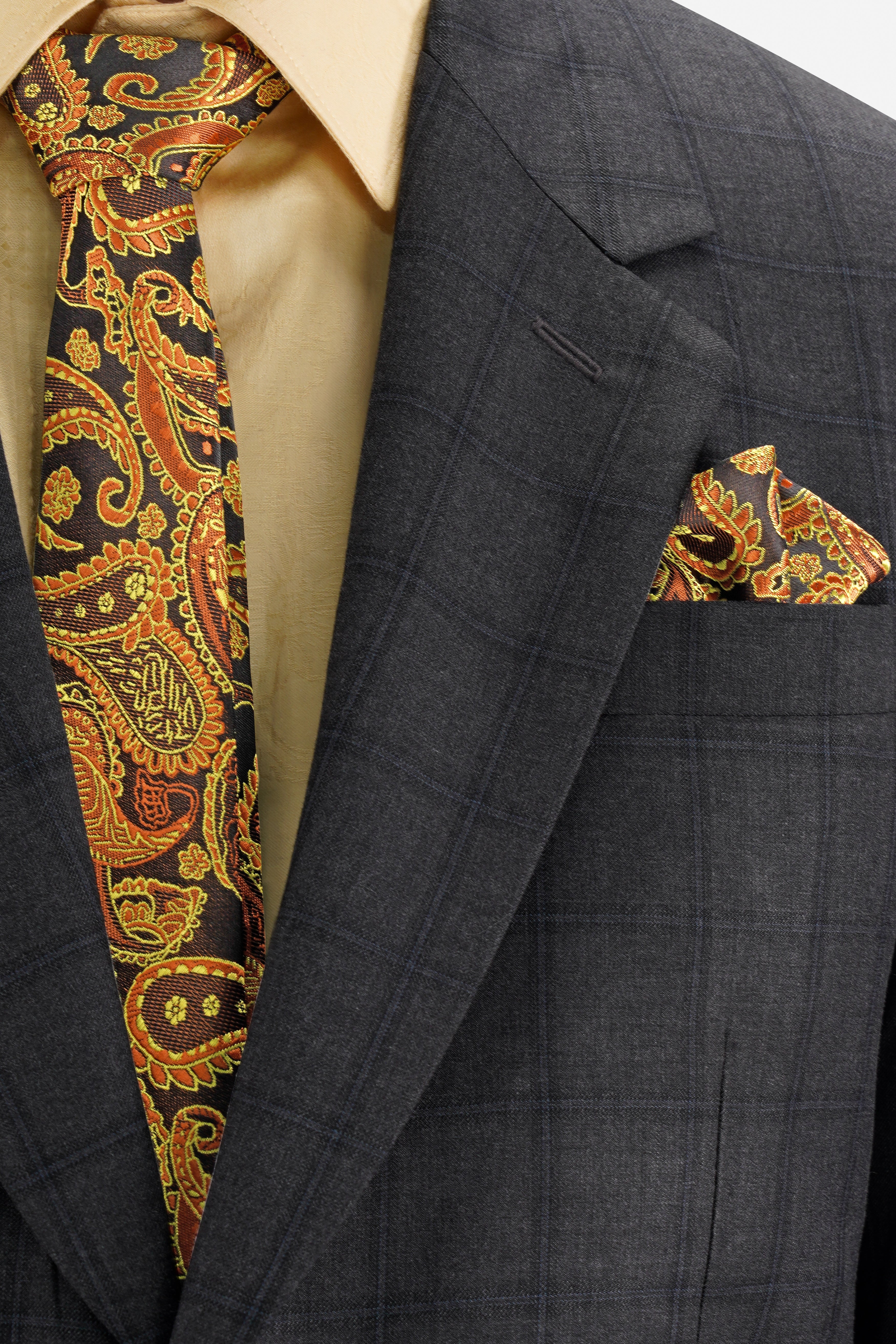 Cadmium Orange with Cafe Noir Brown Paisley Jacquard Tie with Pocket Square TP054