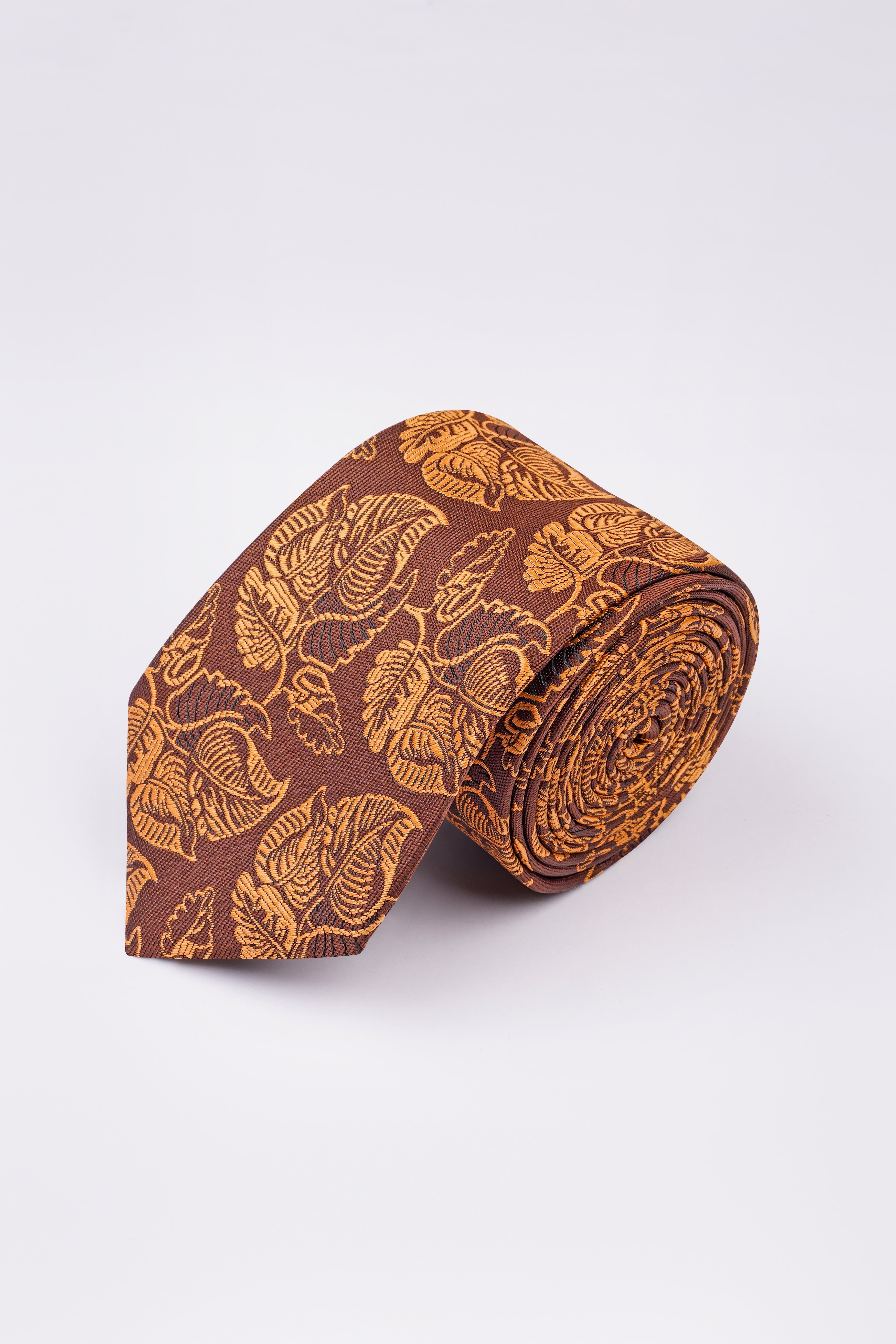 Matrix Brown with Chardonnay Yellow Leaves Textured Jacquard Tie with Pocket Square TP055