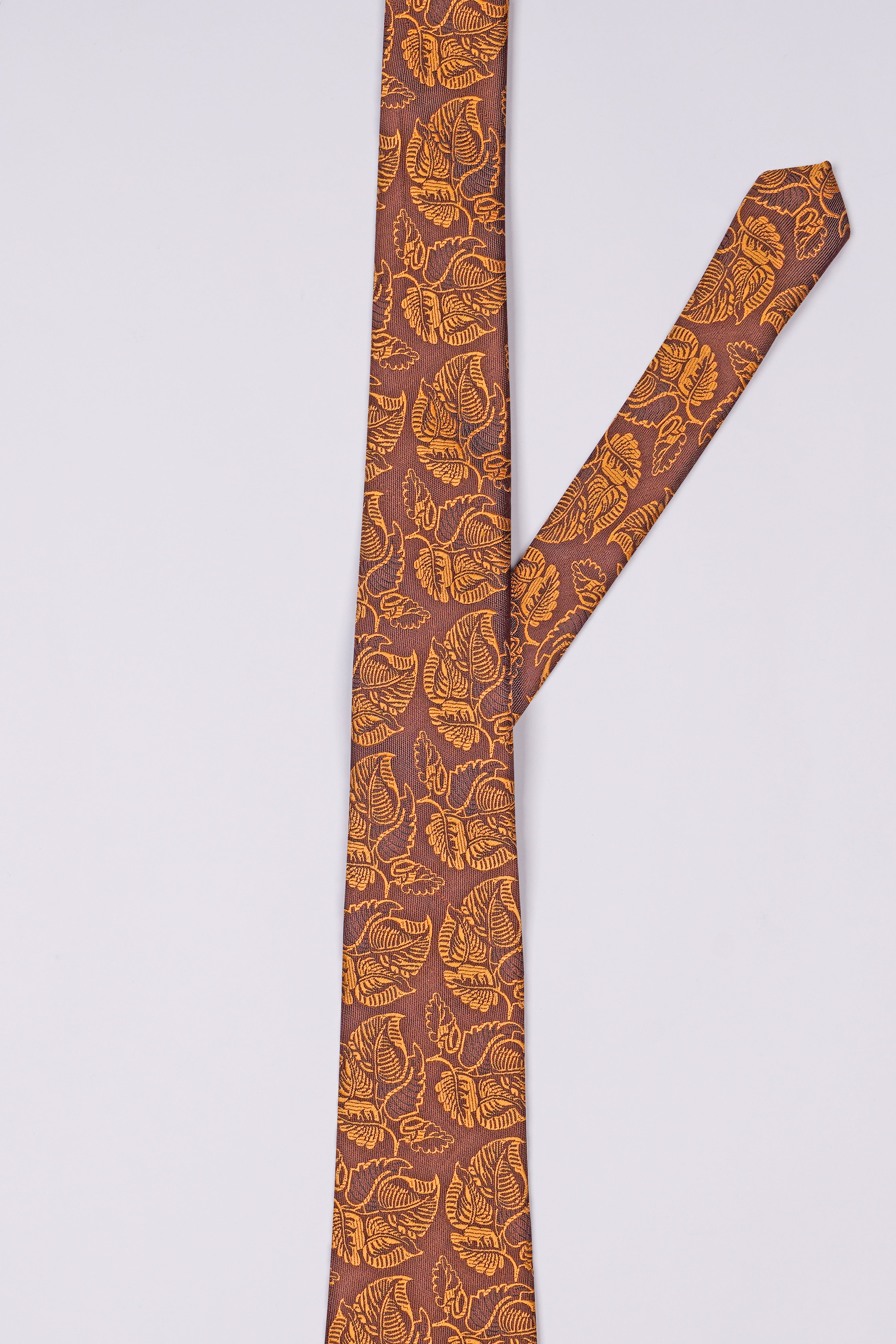 Matrix Brown with Chardonnay Yellow Leaves Textured Jacquard Tie with Pocket Square TP055