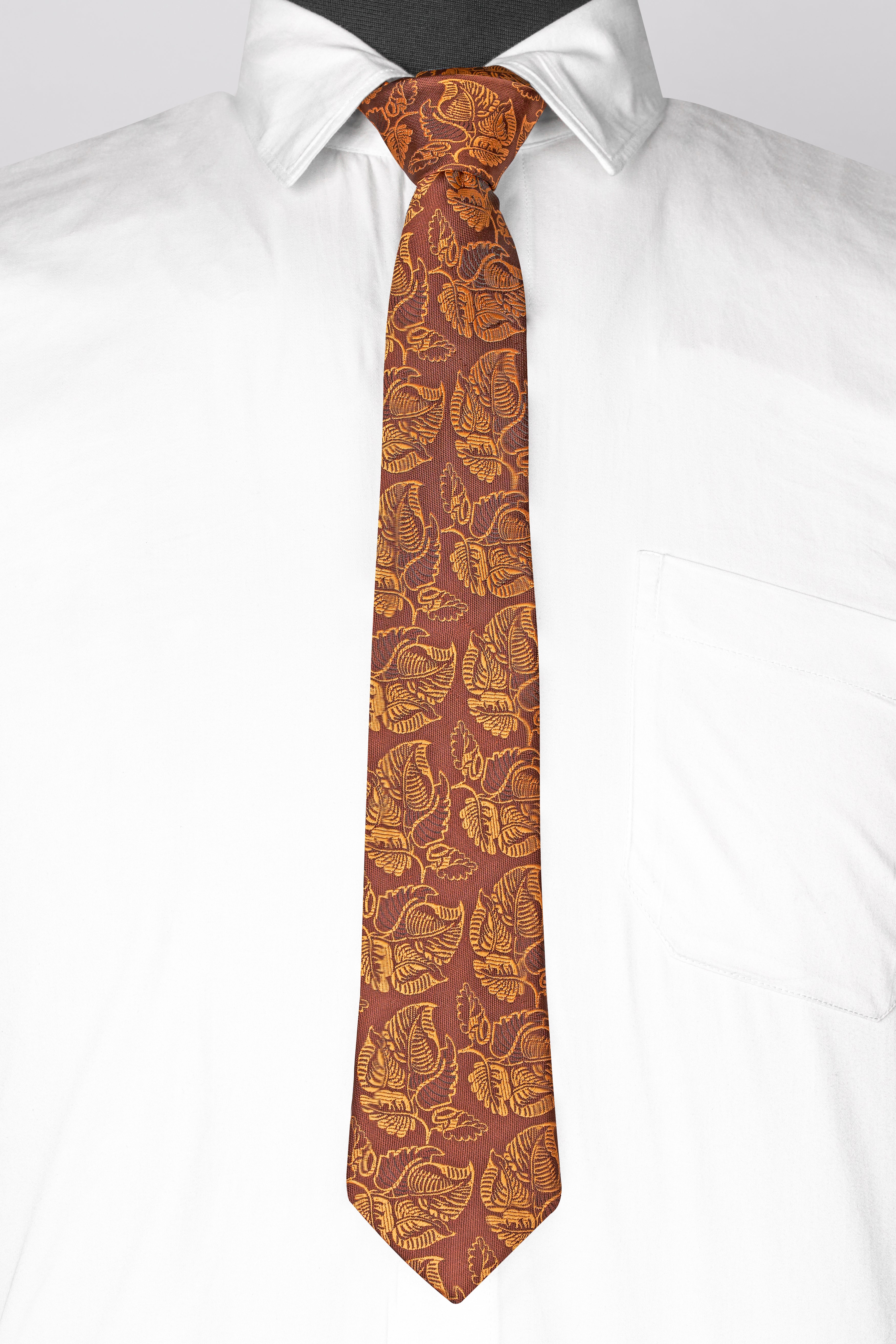 Matrix Brown with Chardonnay Yellow Leaves Textured Jacquard Tie with Pocket Square TP055