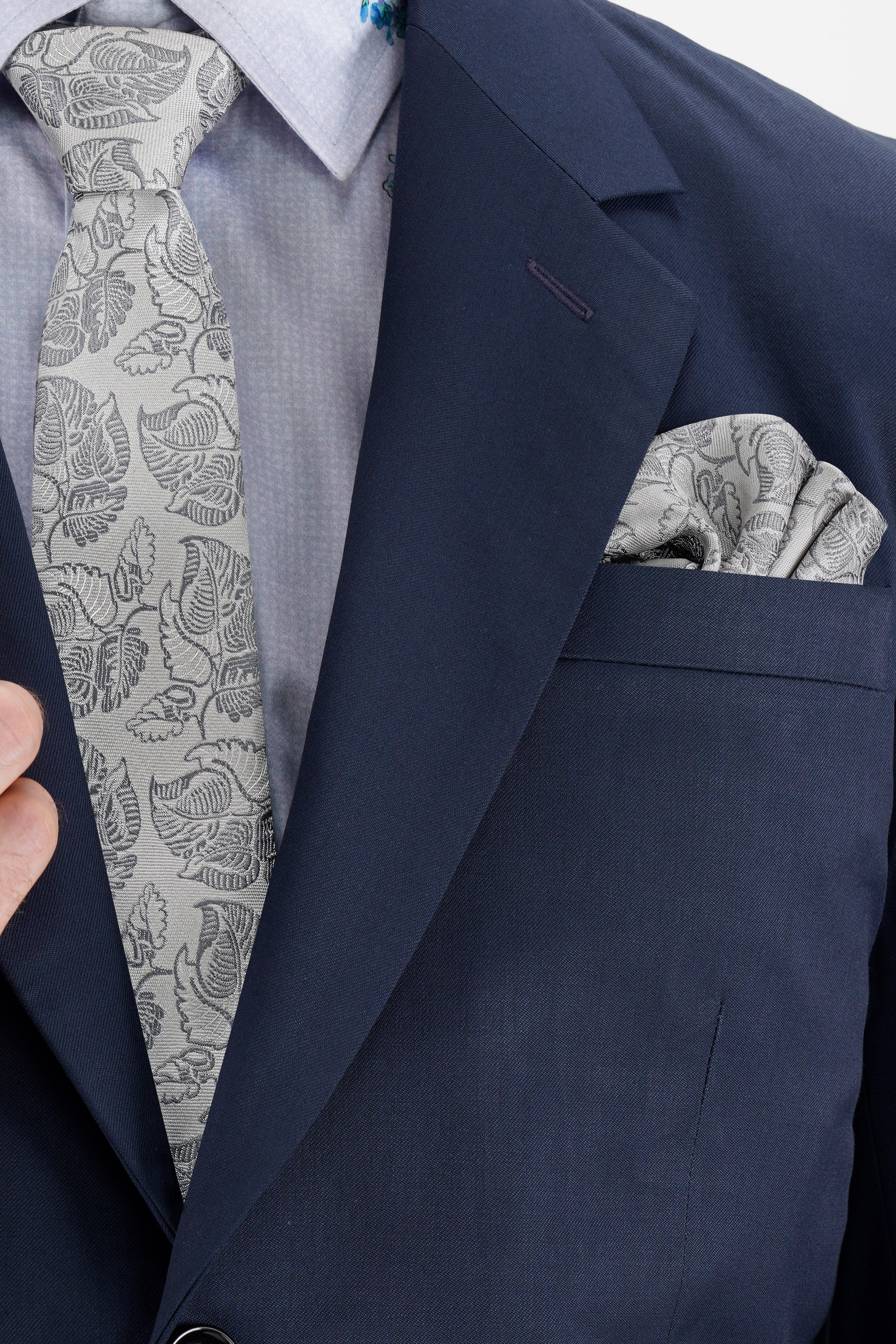 Pale Slate Gray with Mobster Dark Gray Leaves Textured Jacquard Tie with Pocket Square TP066