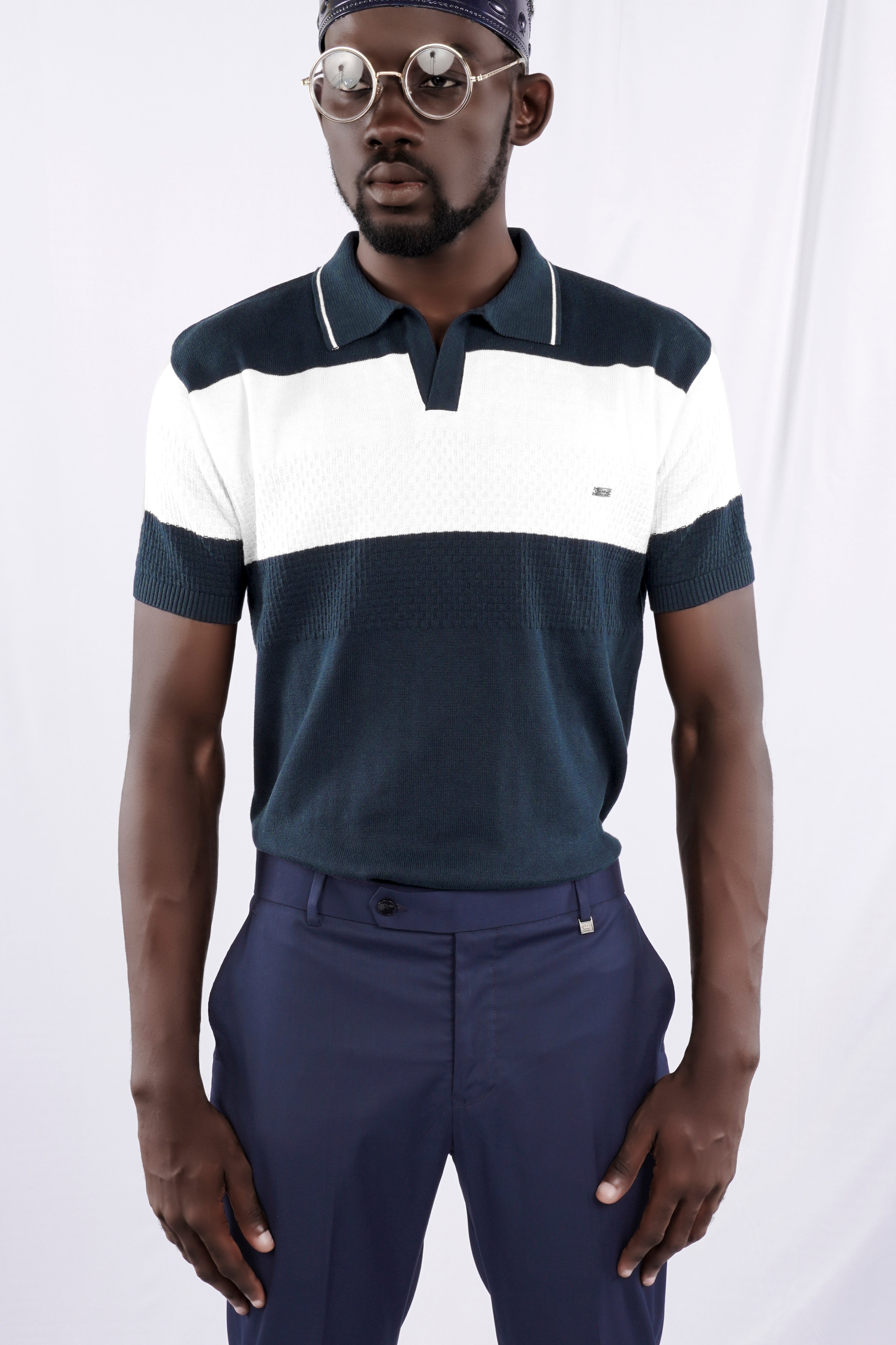 Shark Blue and White Jacquard Textured Flat-Knit Premium Cotton Polo TS874-S, TS874-M, TS874-L, TS874-XL, TS874-XXL
