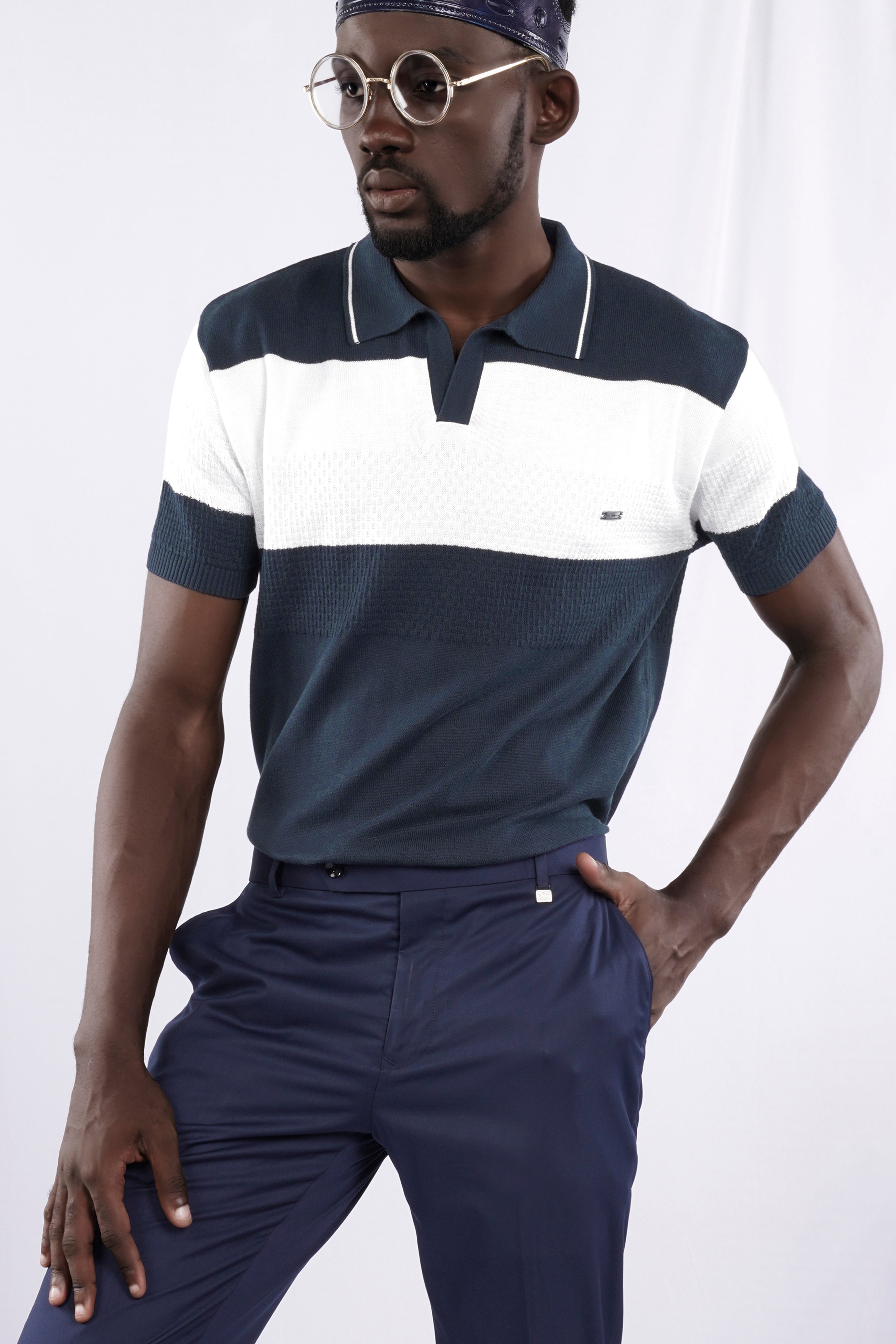 Shark Blue and White Jacquard Textured Flat-Knit Premium Cotton Polo TS874-S, TS874-M, TS874-L, TS874-XL, TS874-XXL