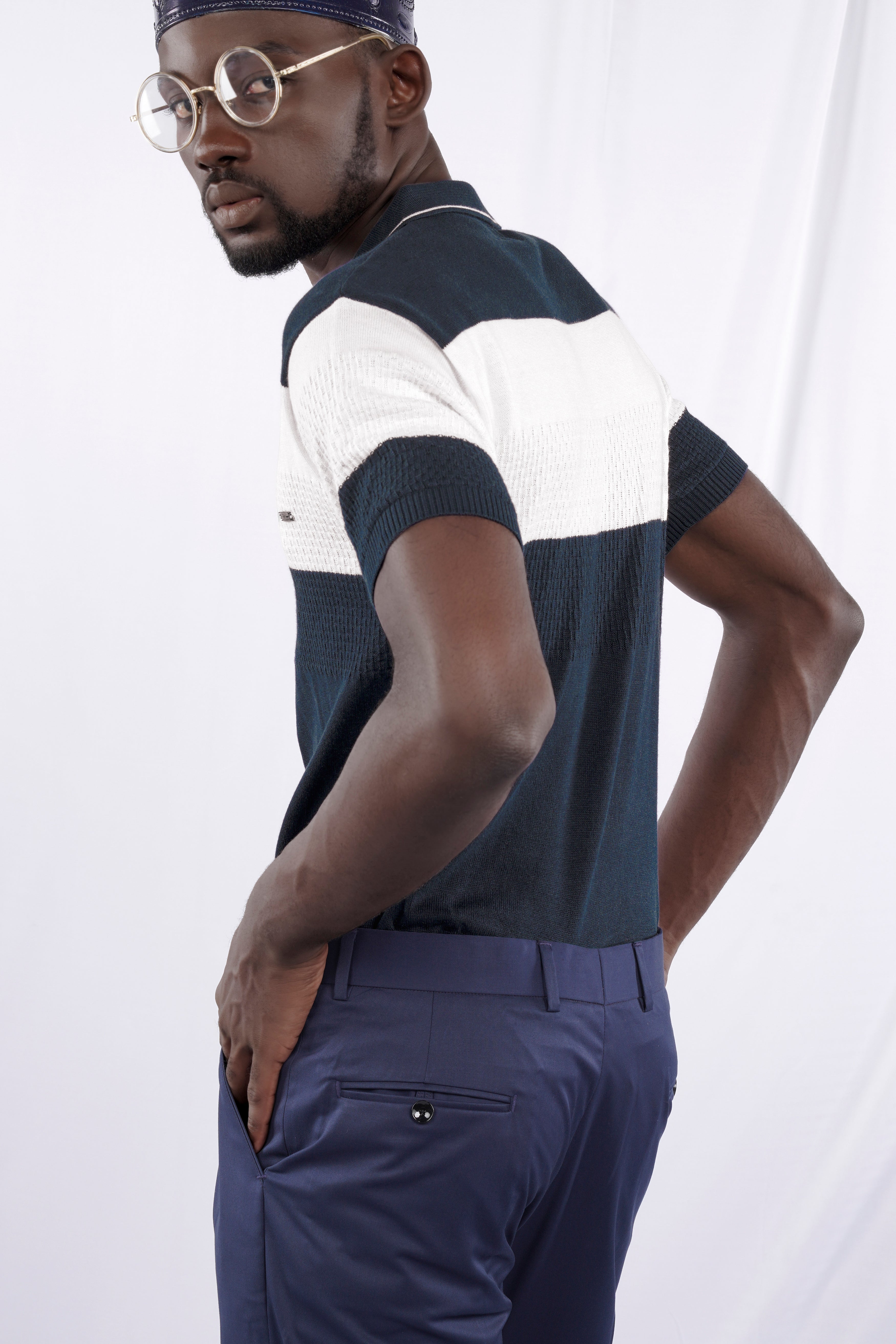 Shark Blue and White Jacquard Textured Flat-Knit Premium Cotton Polo TS874-S, TS874-M, TS874-L, TS874-XL, TS874-XXL