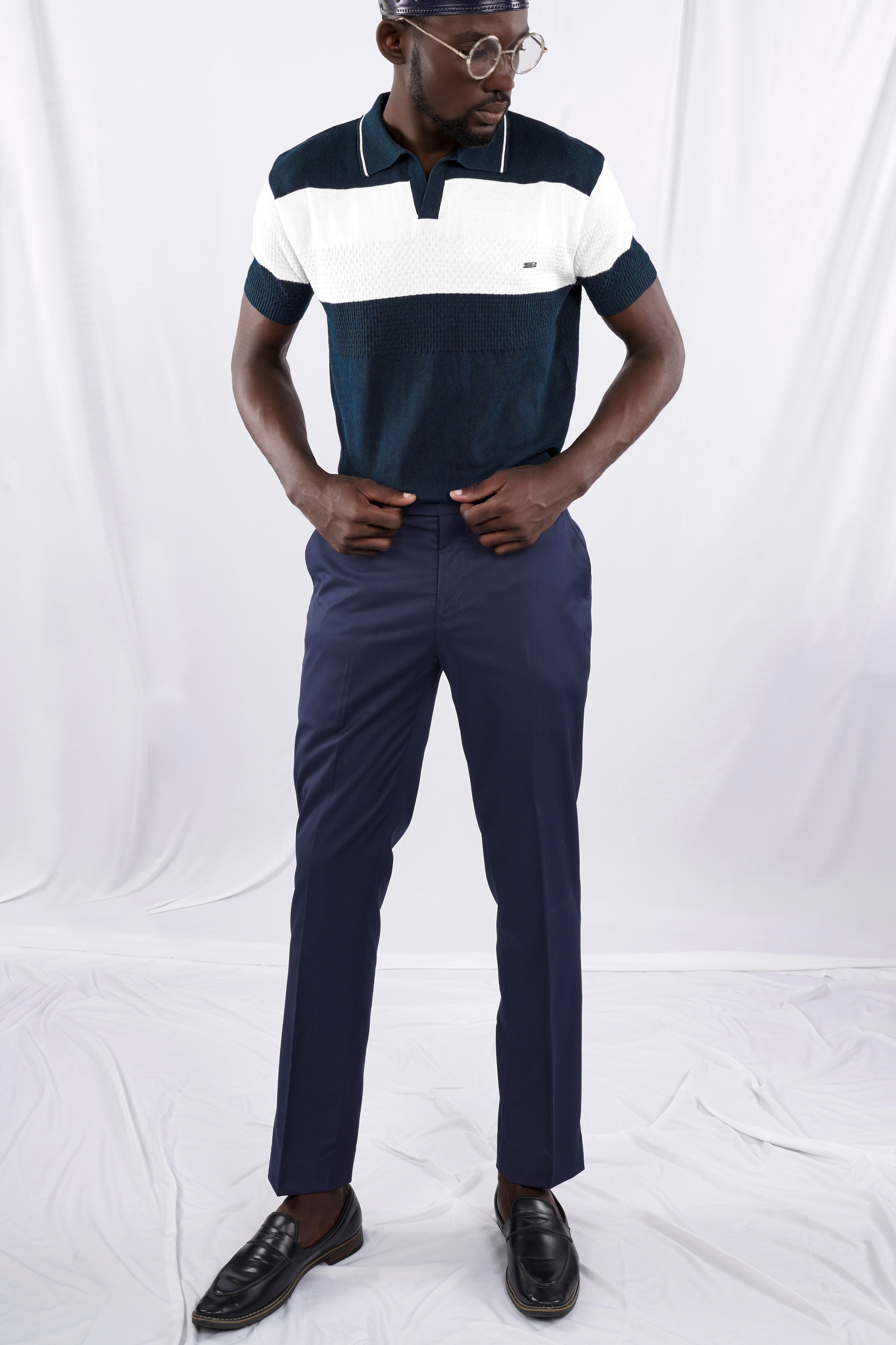 Shark Blue and White Jacquard Textured Flat-Knit Premium Cotton Polo TS874-S, TS874-M, TS874-L, TS874-XL, TS874-XXL