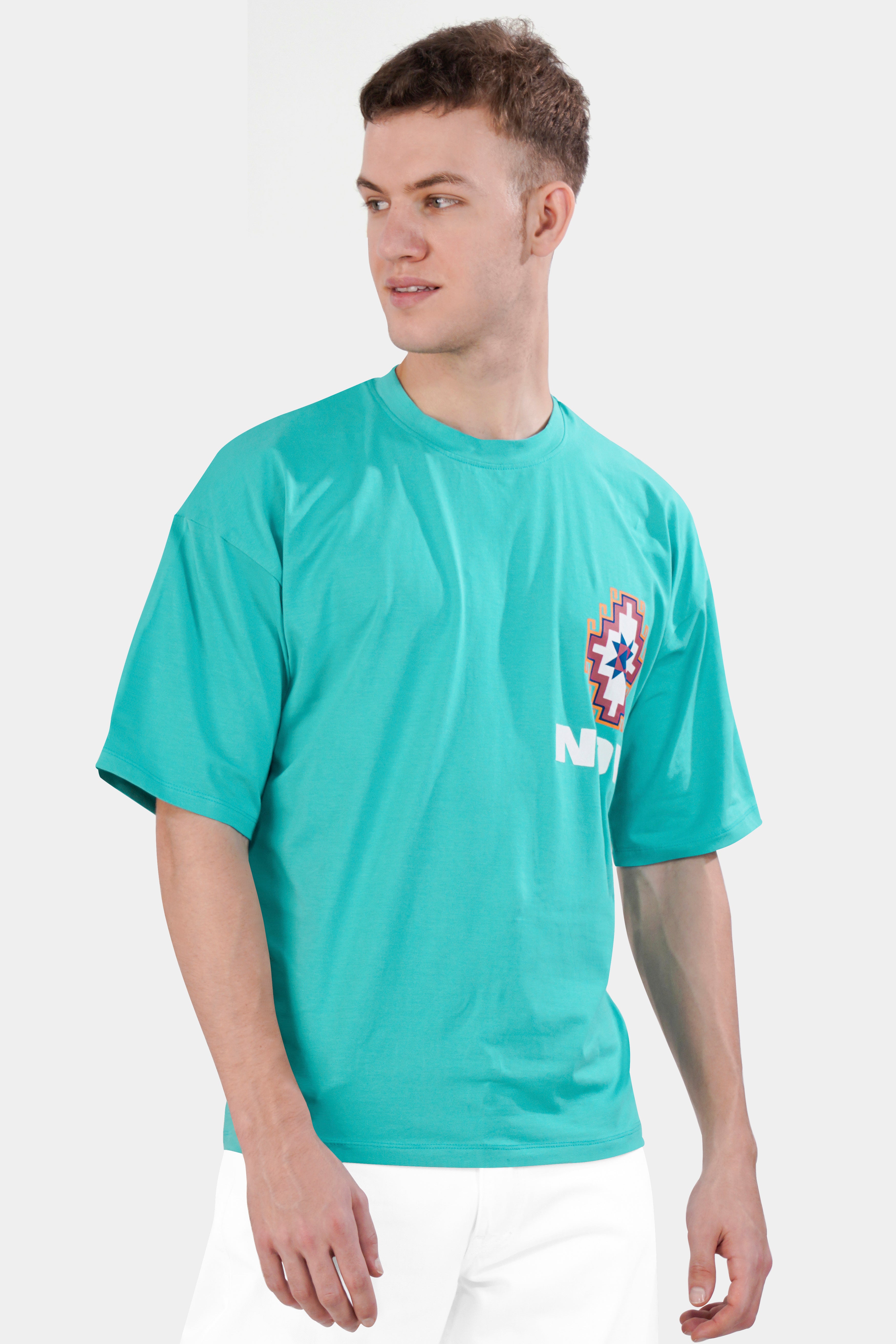 Aqua Blue Printed Premium Cotton Oversized T-shirt TS950-S, TS950-M, TS950-L, TS950-XL, TS950-XXL