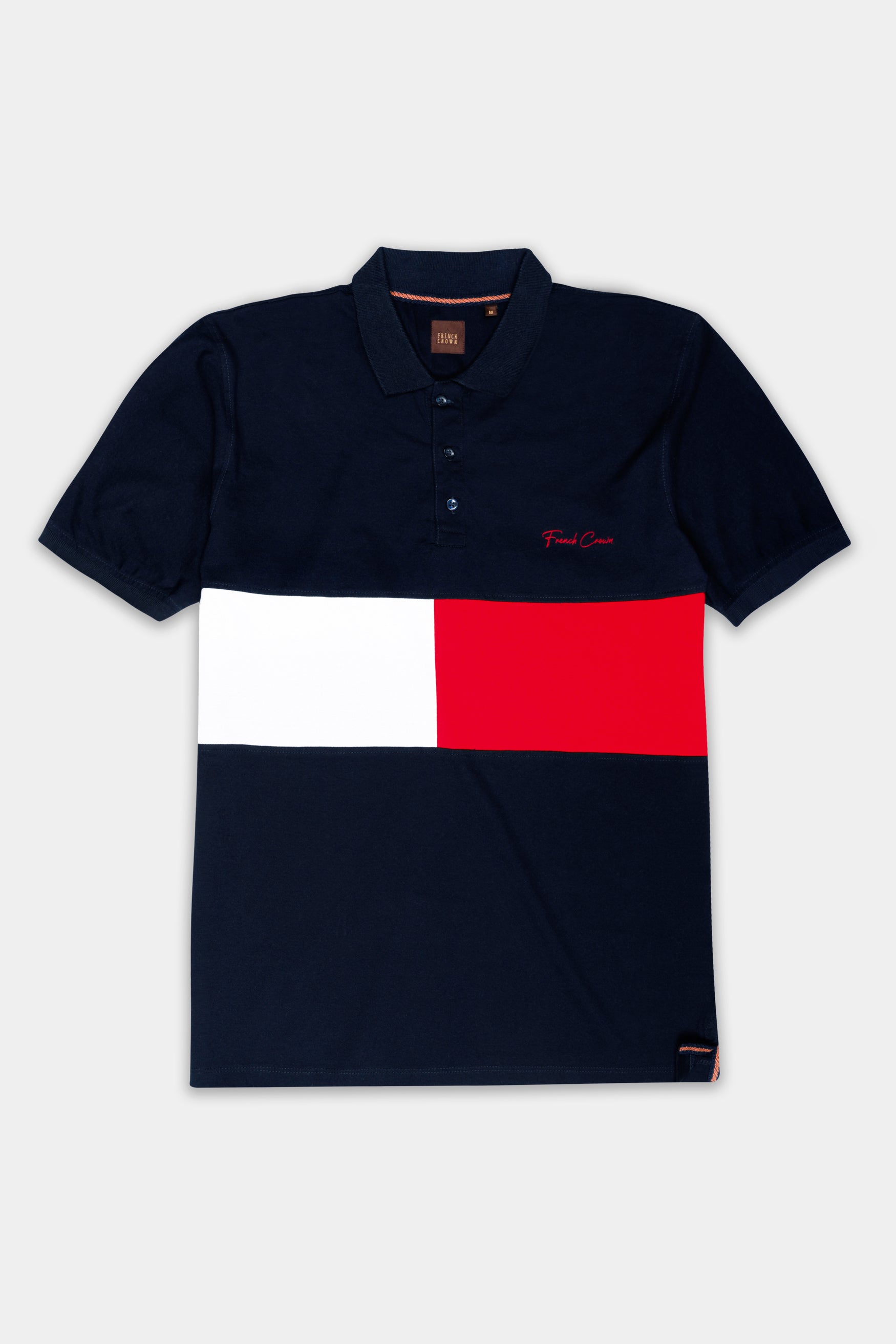 Ebony Blue with White and Jasper Red Colour Block Pattern Premium Cotton Pique Polo