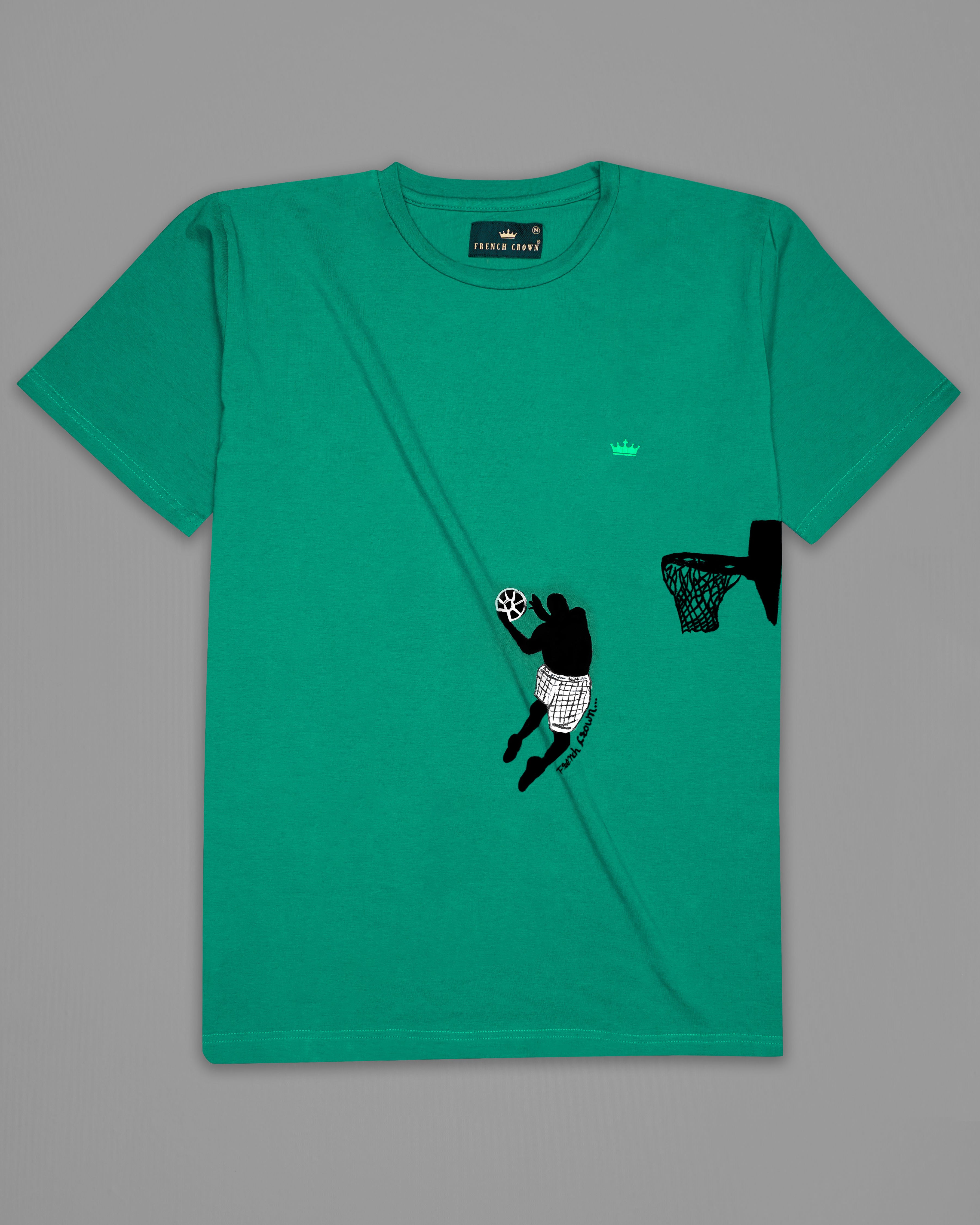 Tropical Green with Basketball Hand Painted Premium Cotton T-shirt
