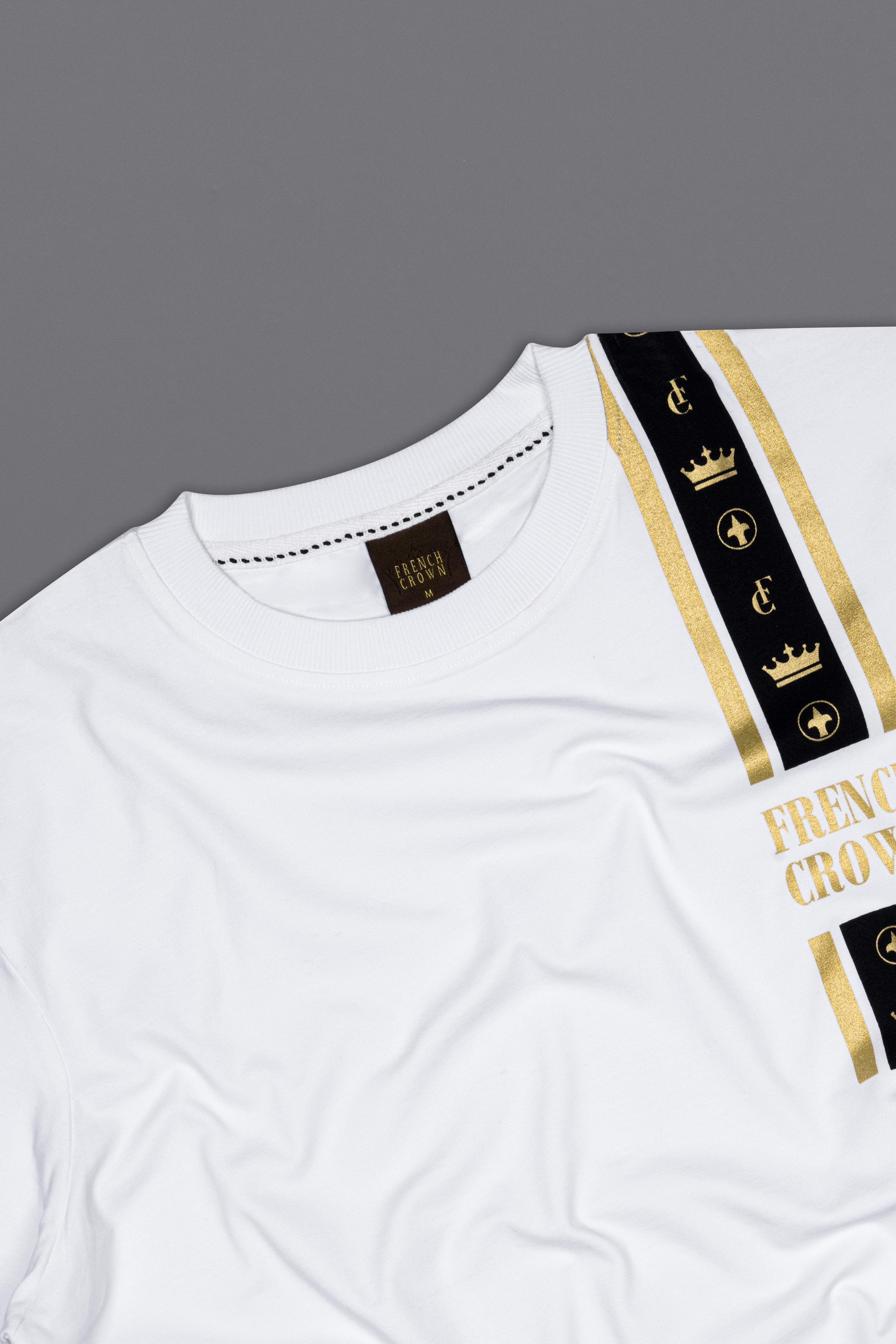 Bright White French Crown Elements Printed Premium Cotton T-Shirt