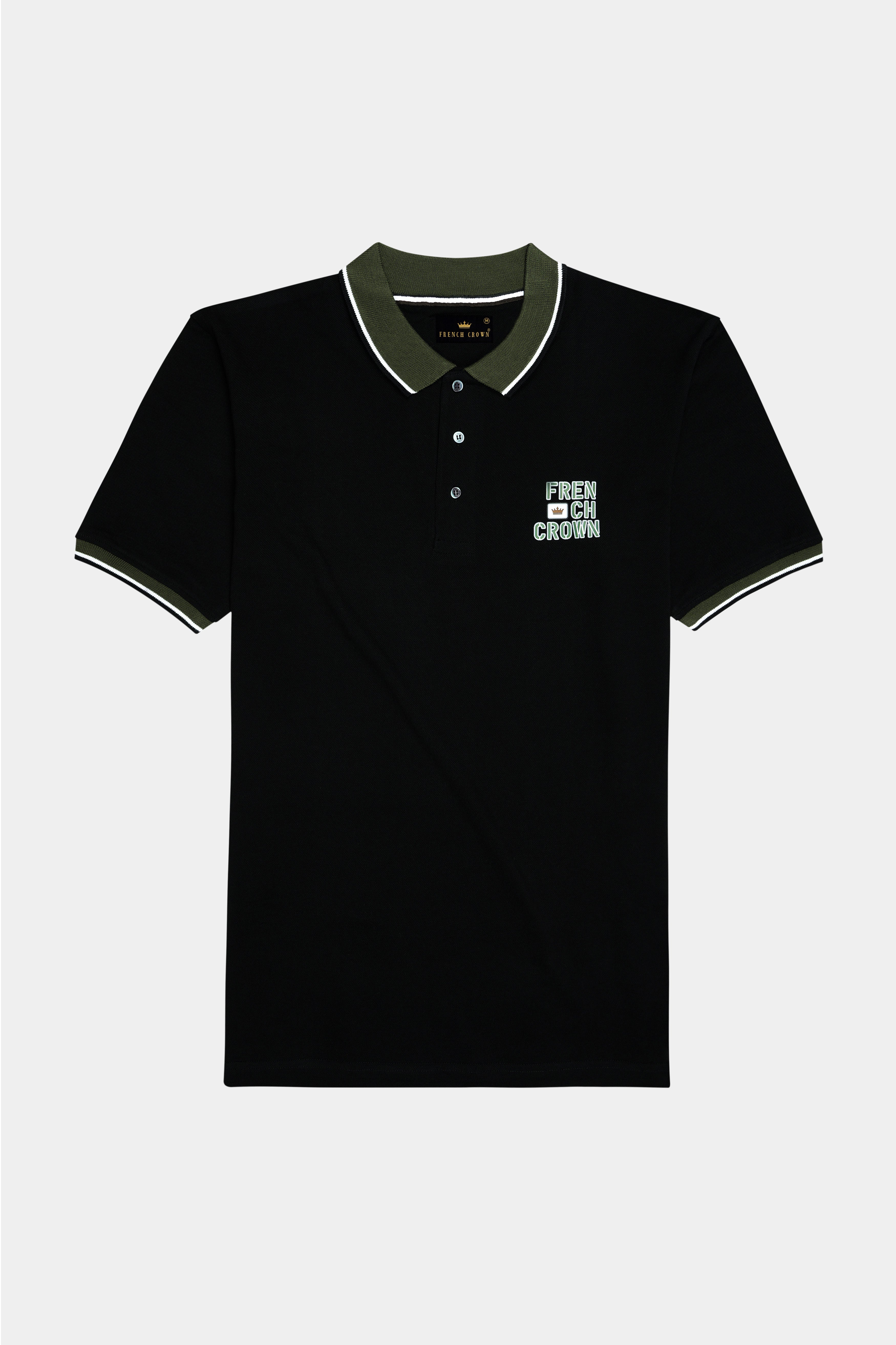 Jade Black Premium Cotton With Olive Green Tipped Collar Pique Polo