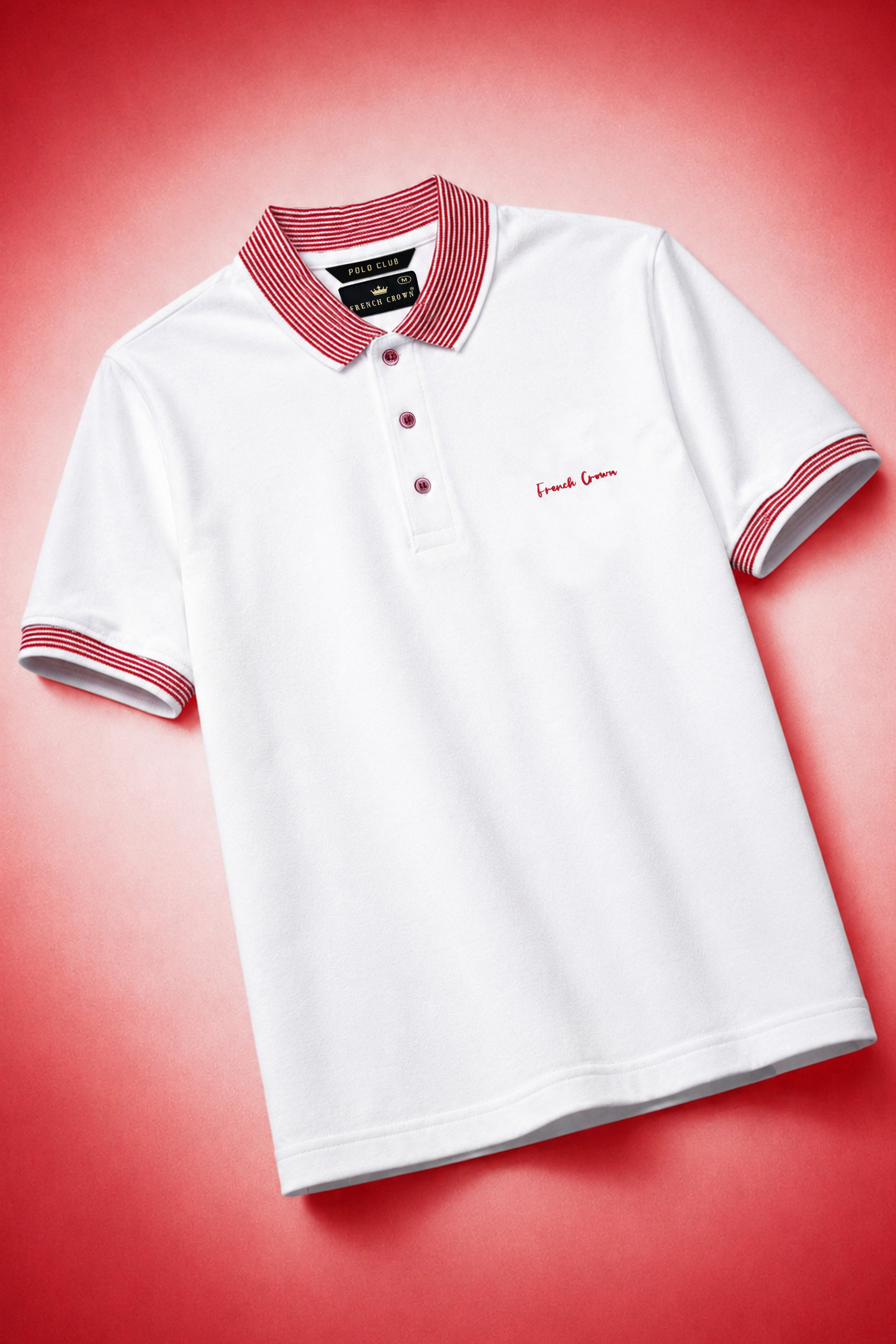 Bright White Premium Cotton With Red Striped Collar Pique Polo