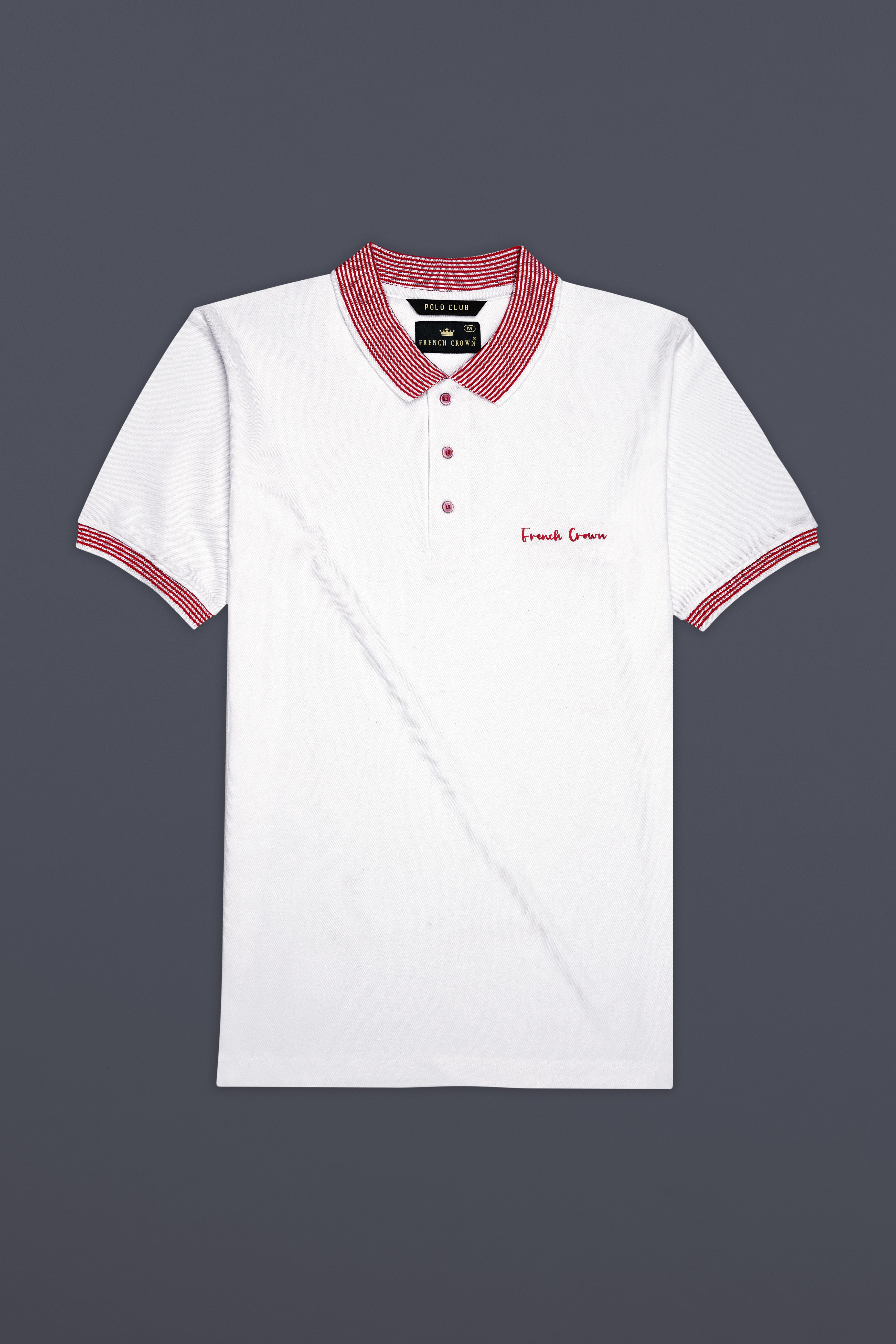 Bright White Premium Cotton With Red Striped Collar Pique Polo