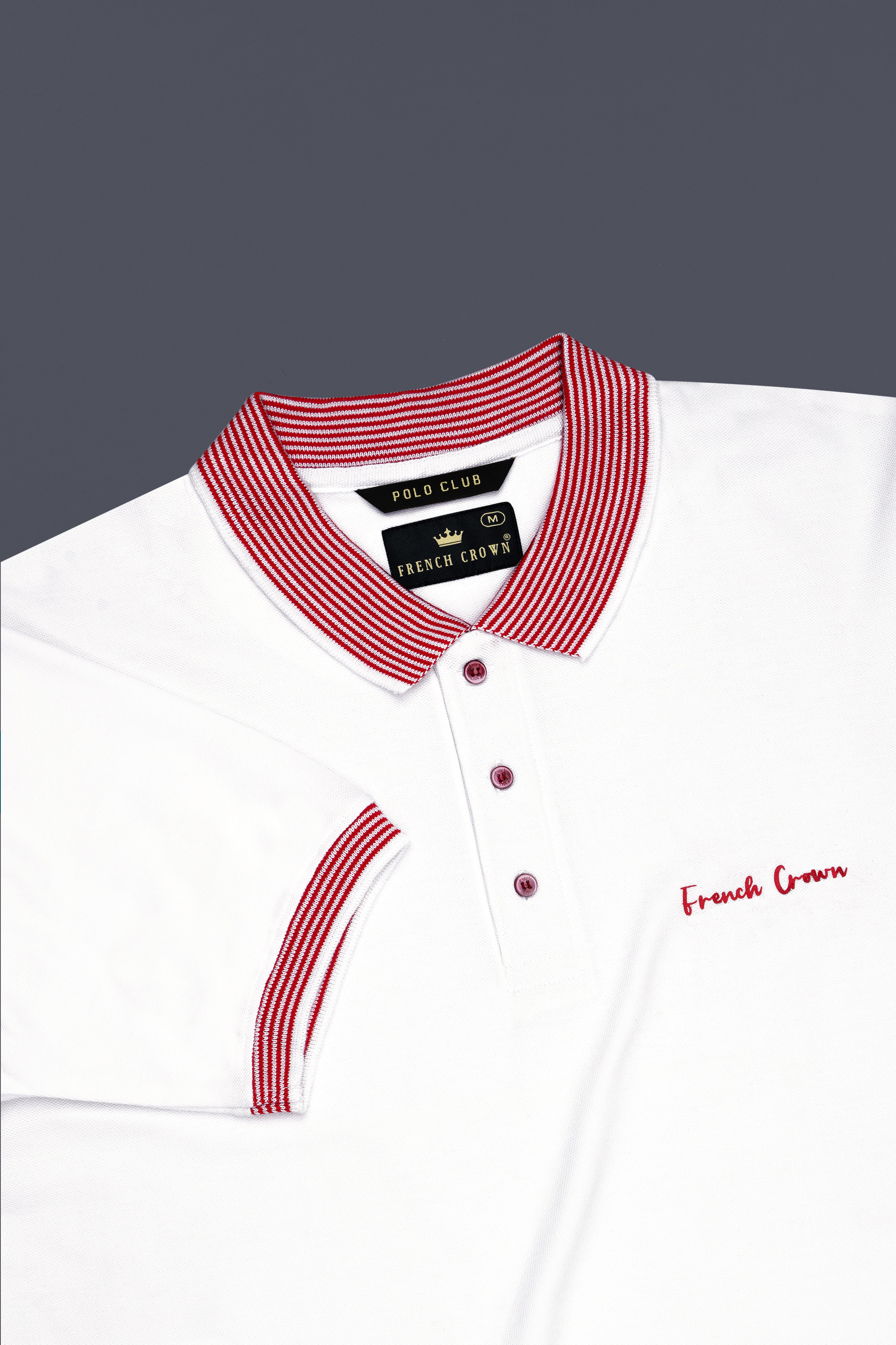 Bright White Premium Cotton With Red Striped Collar Pique Polo
