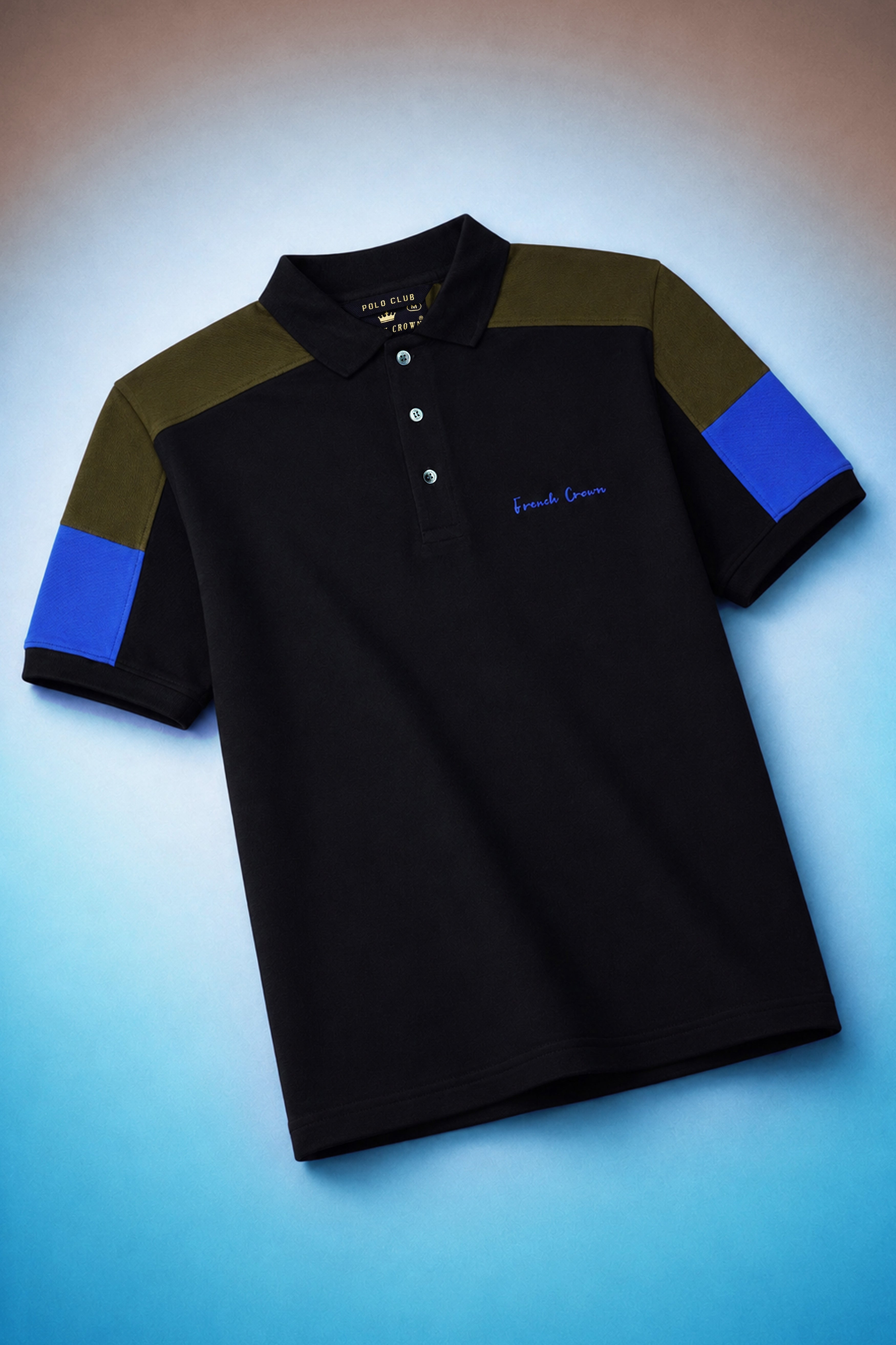 Jade Black Premium Cotton With Olive & Royal Blue Color Block Sleeves Pique Polo