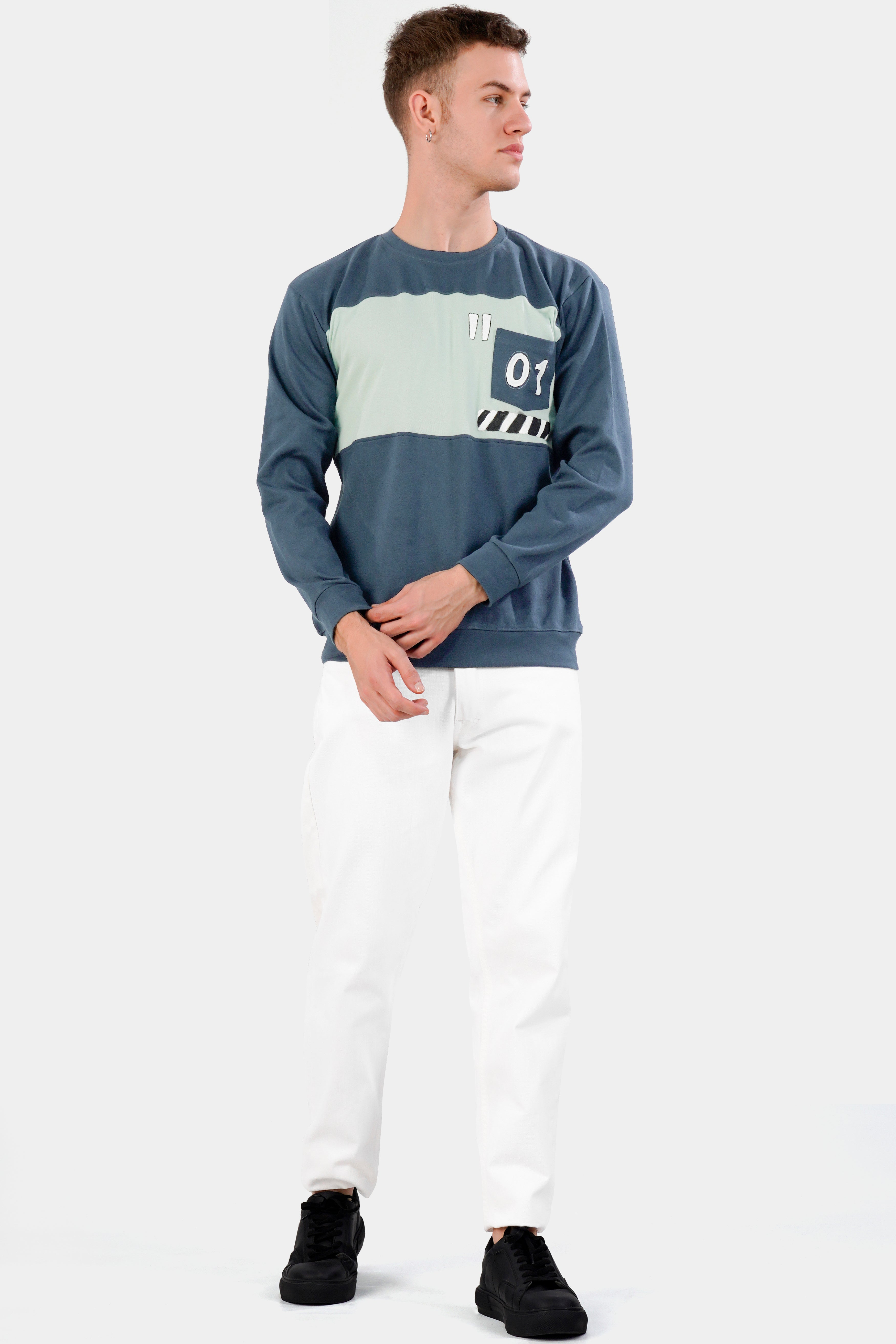 Marengo Blue and Sage Green Hand Painted Premium Cotton Jersey Sweatshirt,TS517-W01-ART-S, TS517-W01-ART-M, TS517-W01-ART-L, TS517-W01-ART-XL, TS517-W01-ART-XXL