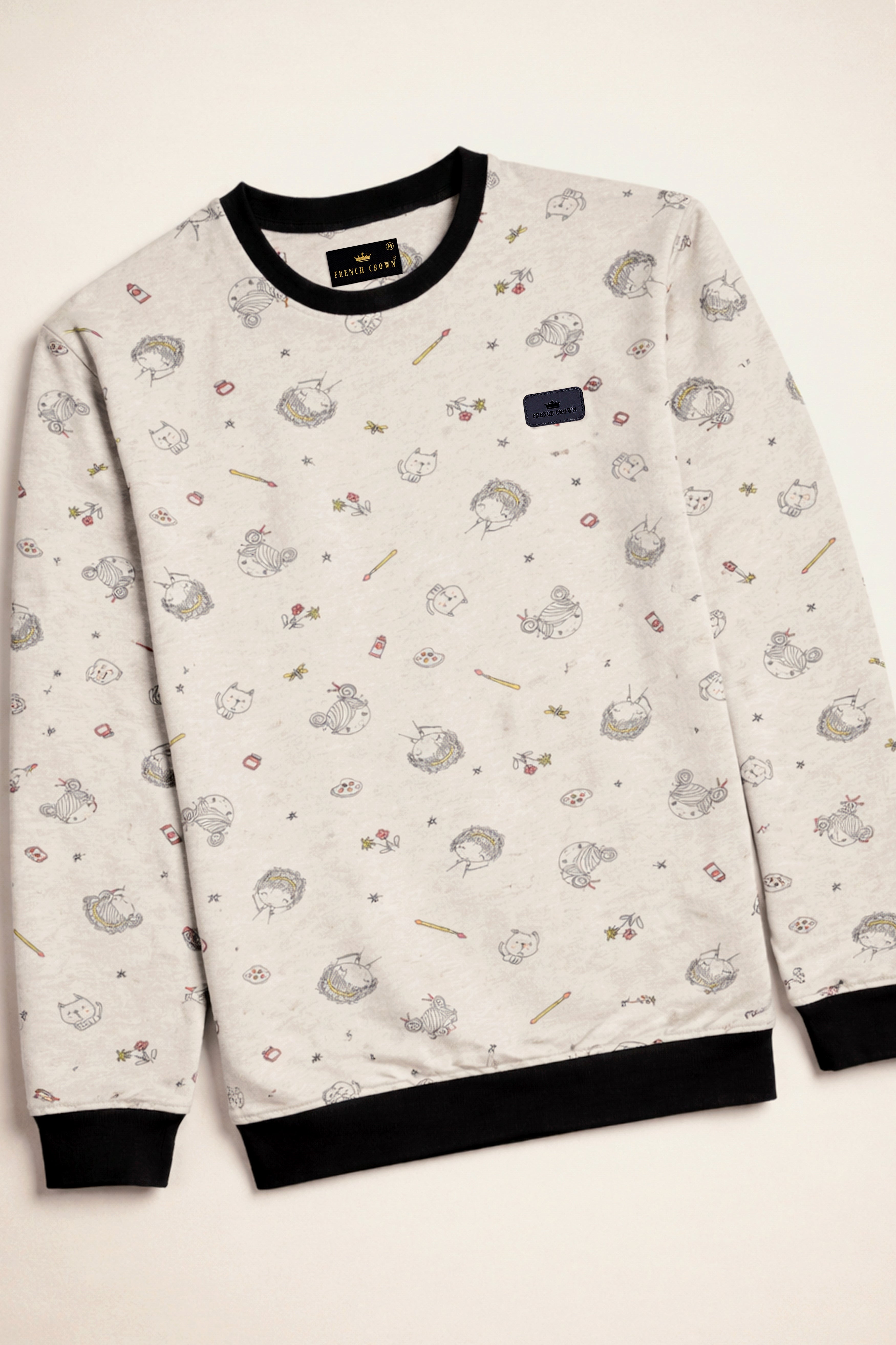 Merino Cream with Jade Black Quirky Printed Full Sleeve Premium Cotton Jersey Sweatshirt