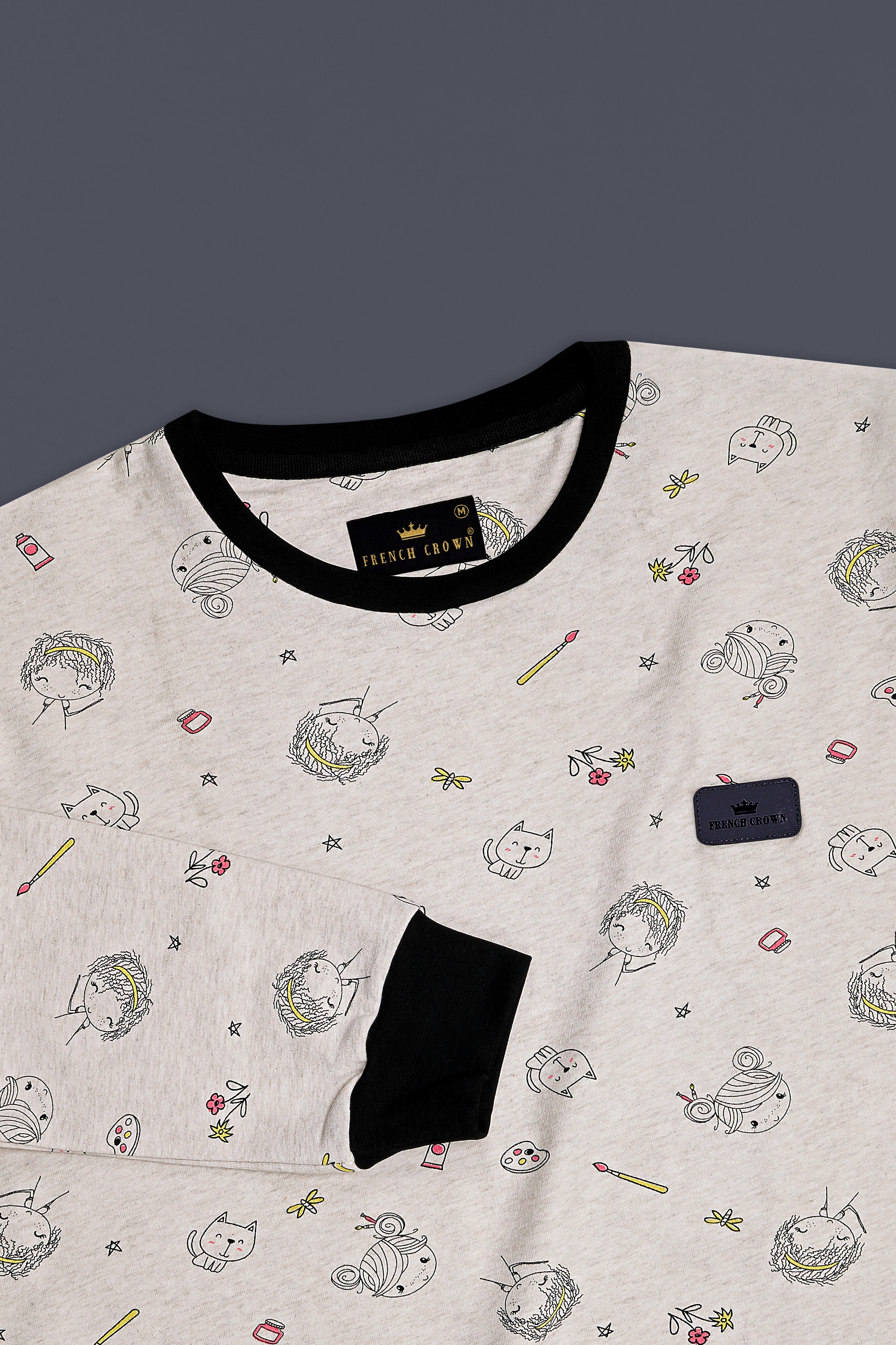 Merino Cream with Jade Black Quirky Printed Full Sleeve Premium Cotton Jersey Sweatshirt