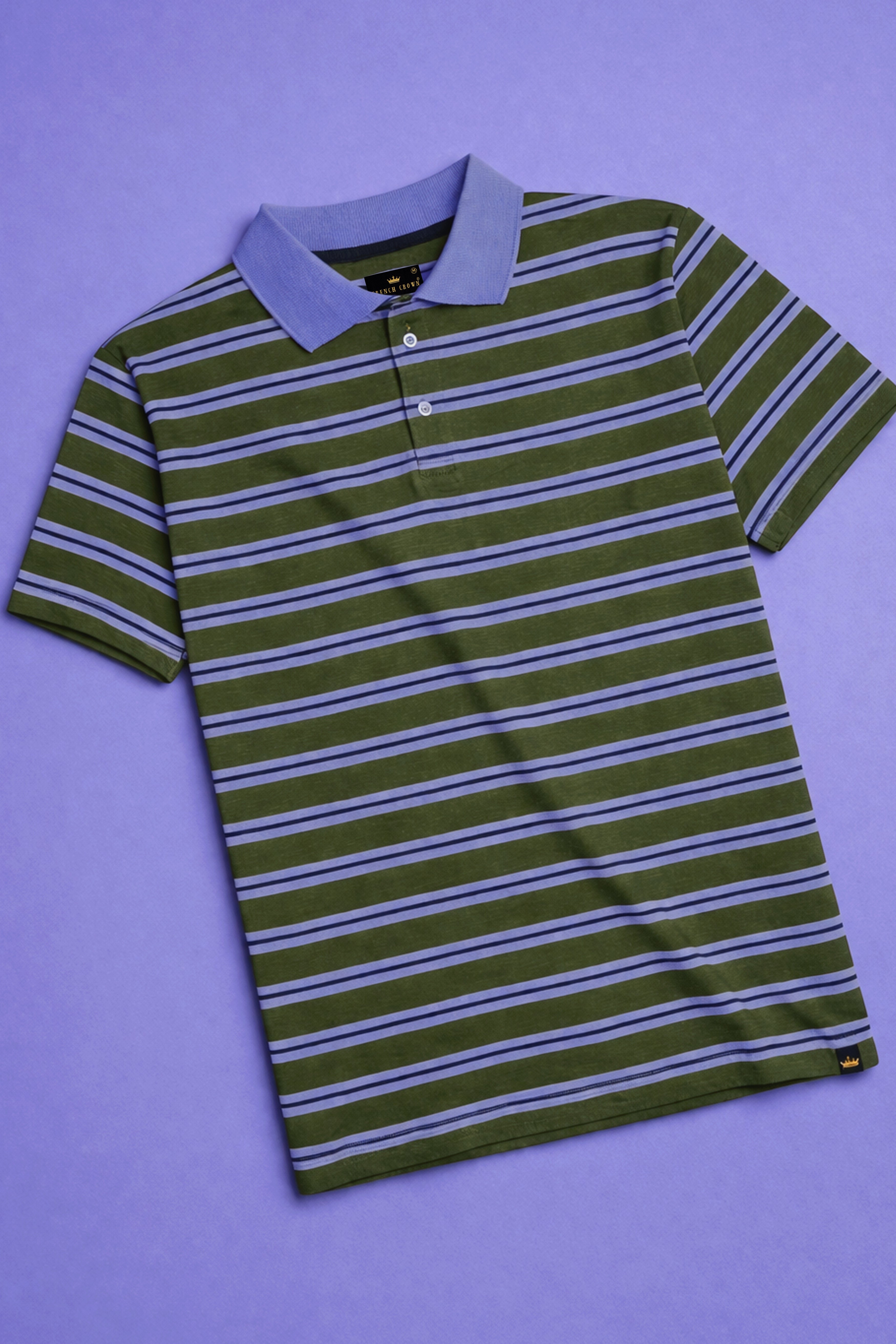 Woodland Green with Blue and Gray Color Striped Supima Organic Cotton Polo
