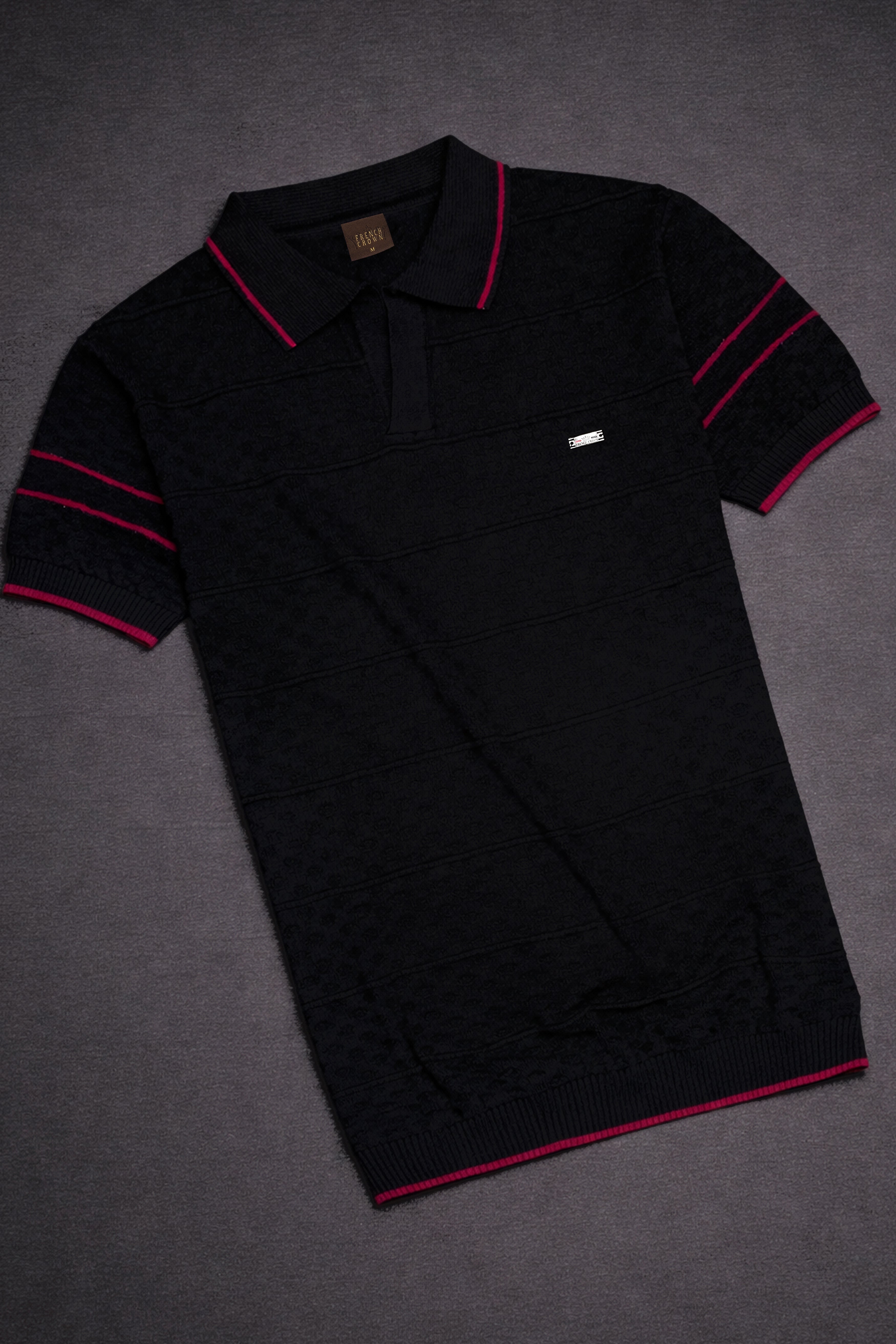 Bunker Black Jacquard Textured Flat-Knit Premium Cotton Polo