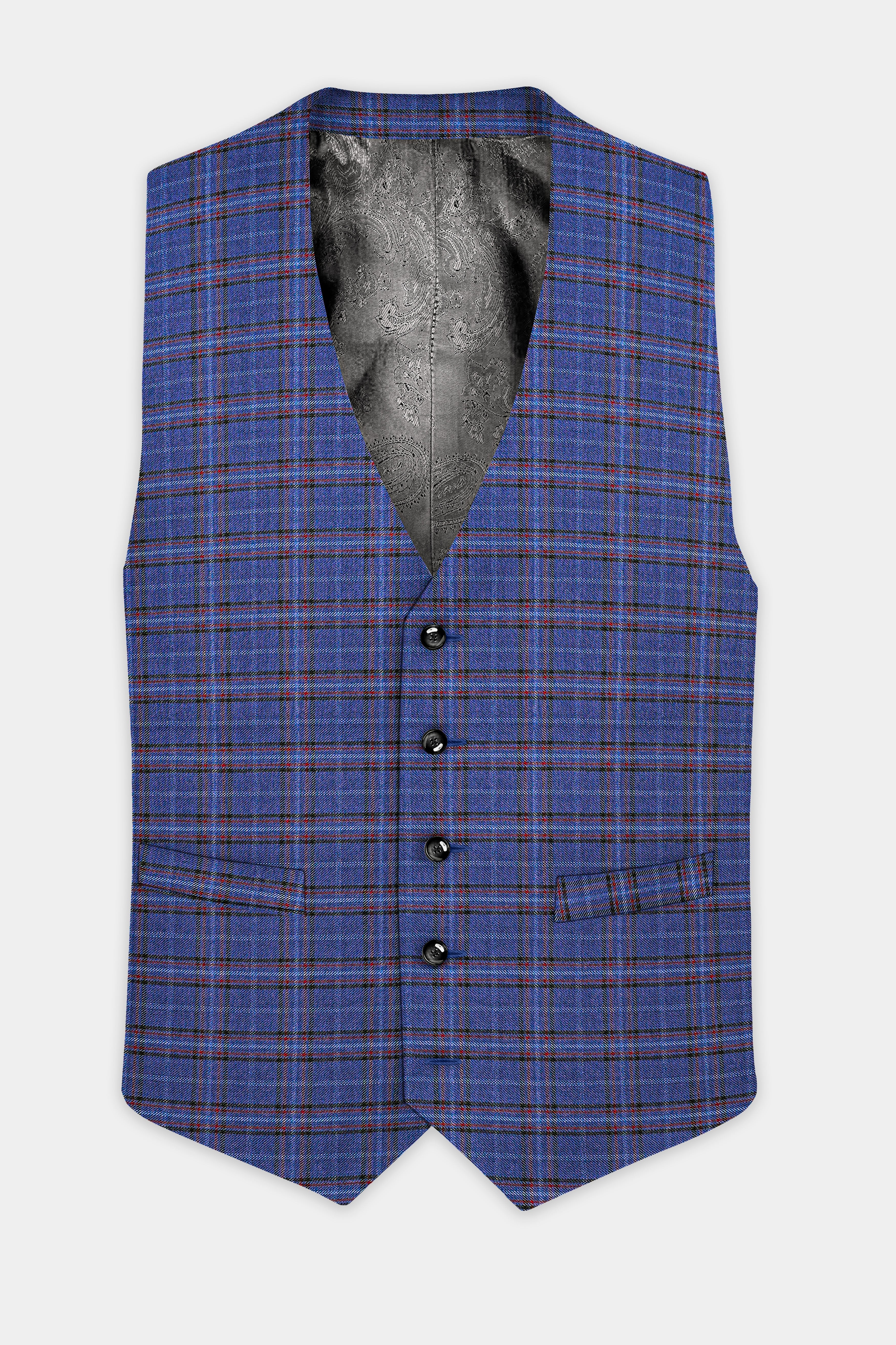 Blue Plaid Wool Blend Waistcoat