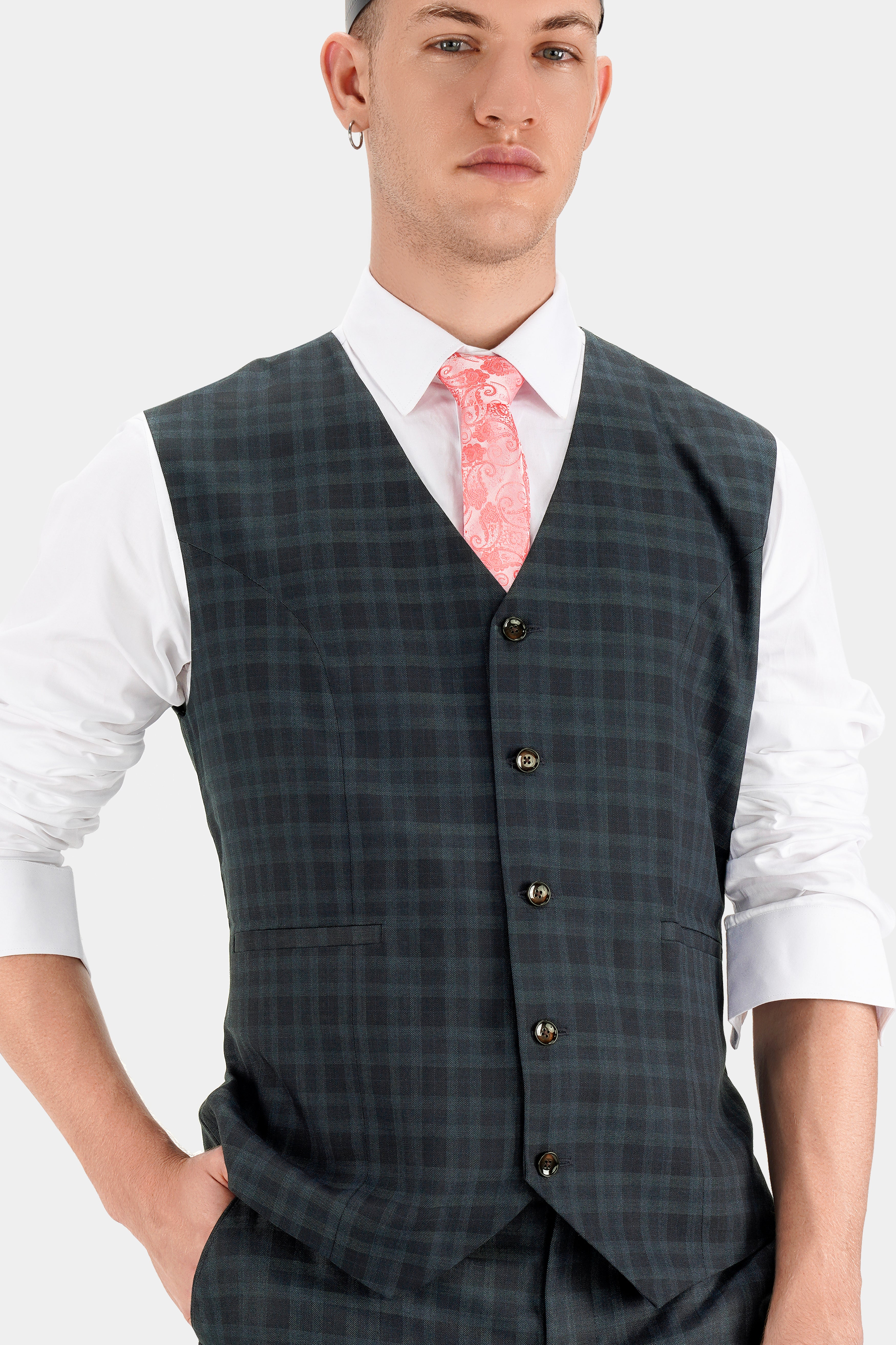 Baltic Sea Blue with Tuna Navy Blue Checkered Wool Rich Waistcoat