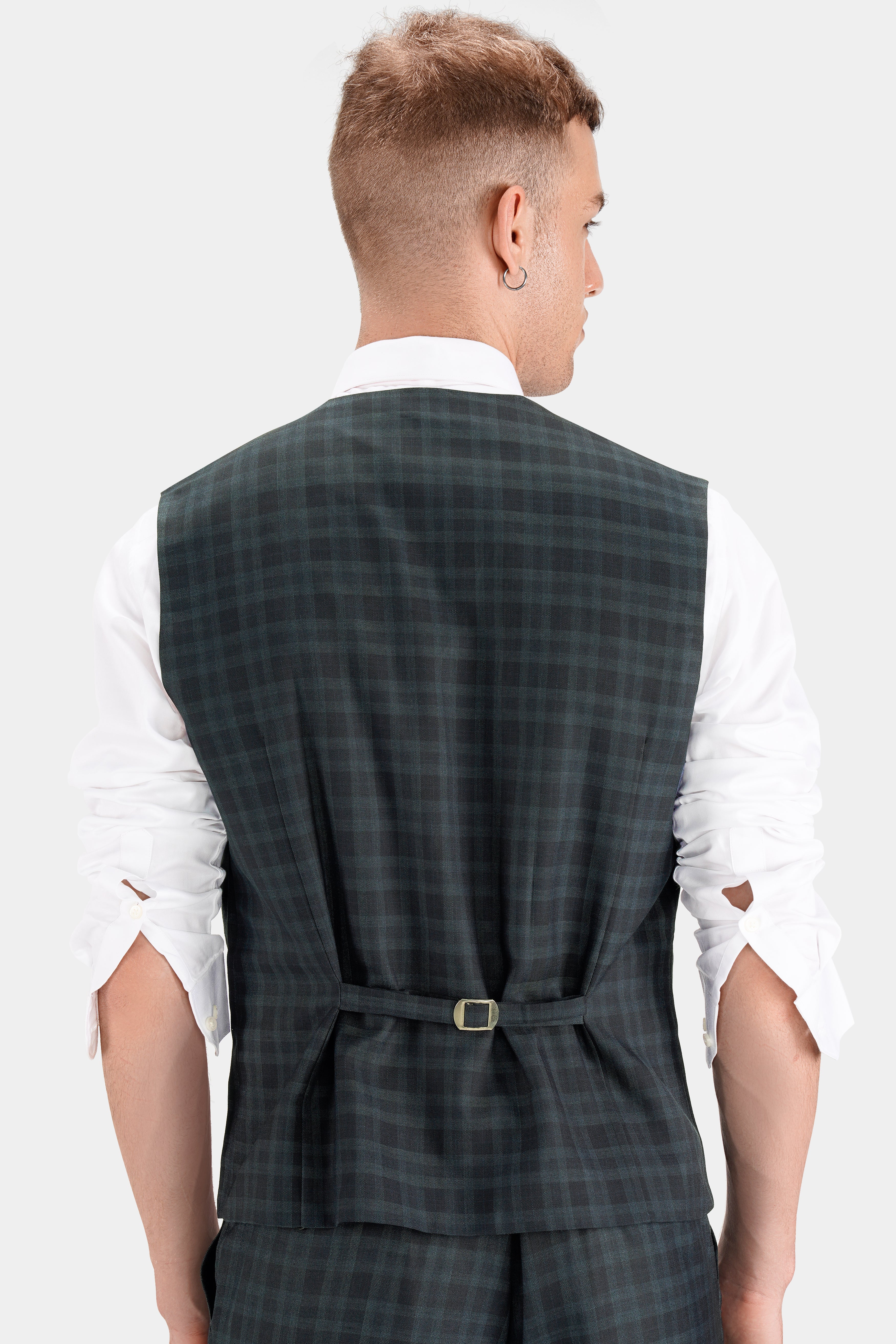 Baltic Sea Blue with Tuna Navy Blue Checkered Wool Rich Waistcoat