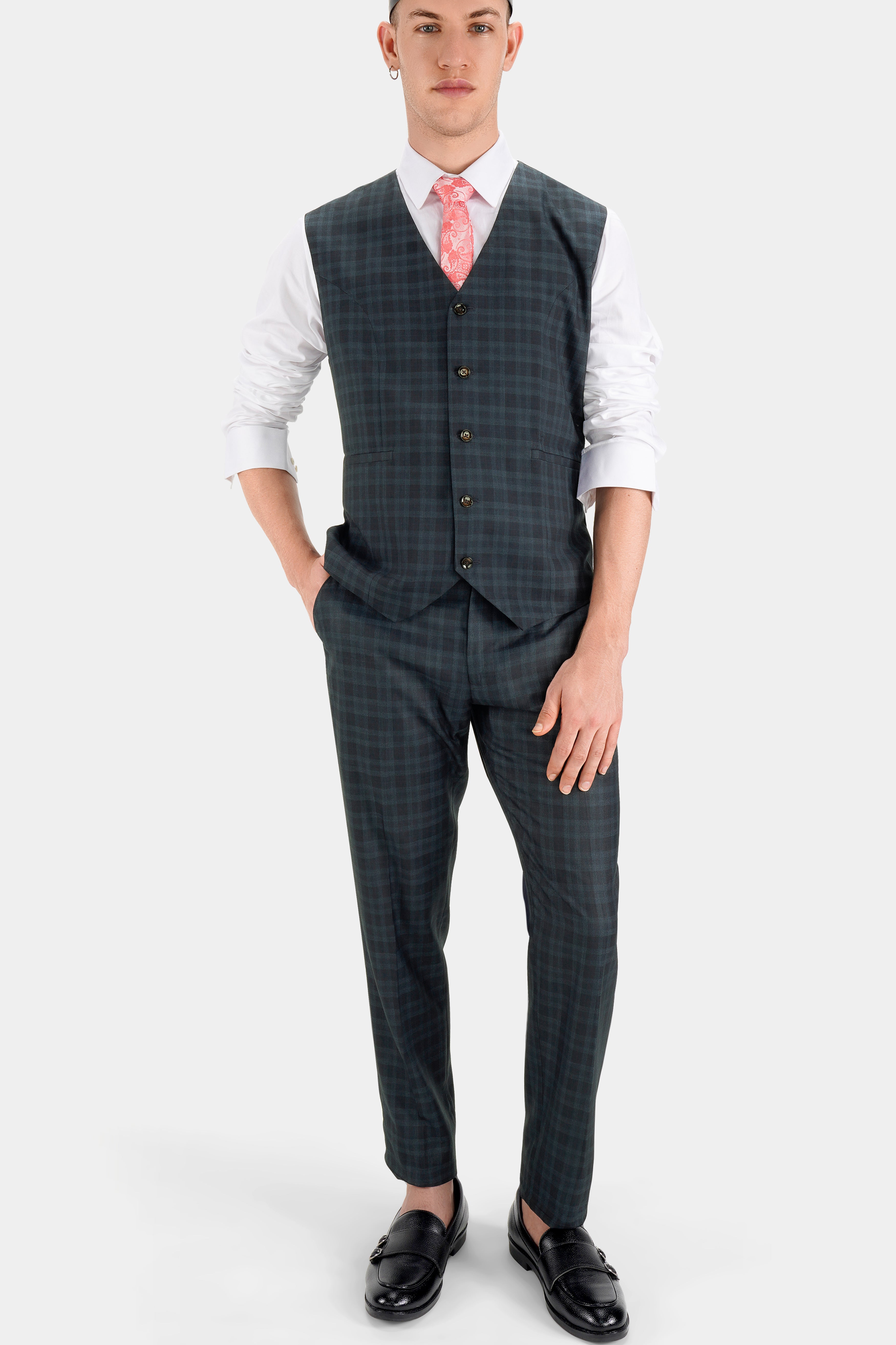 Baltic Sea Blue with Tuna Navy Blue Checkered Wool Rich Waistcoat