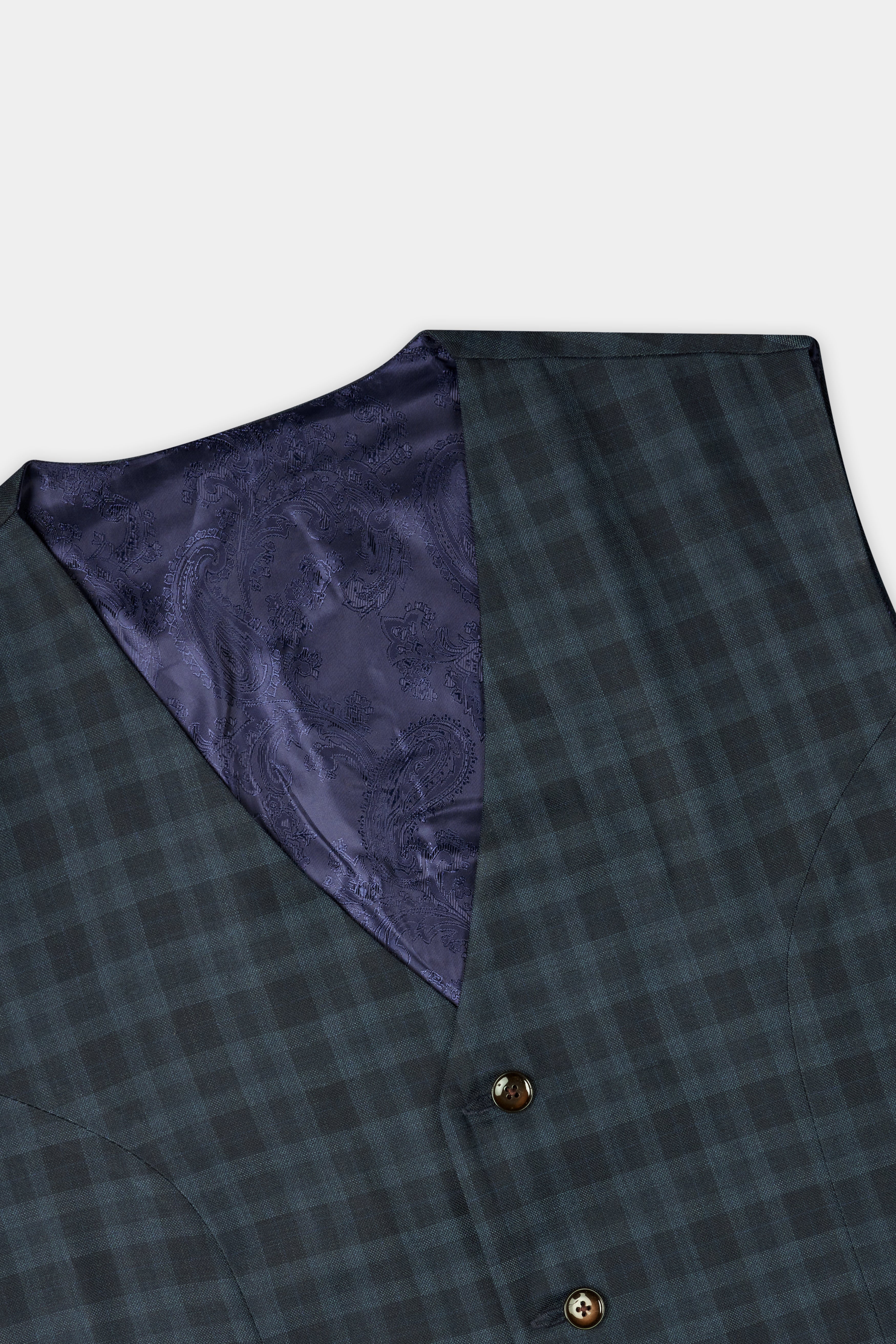 Baltic Sea Blue with Tuna Navy Blue Checkered Wool Rich Waistcoat
