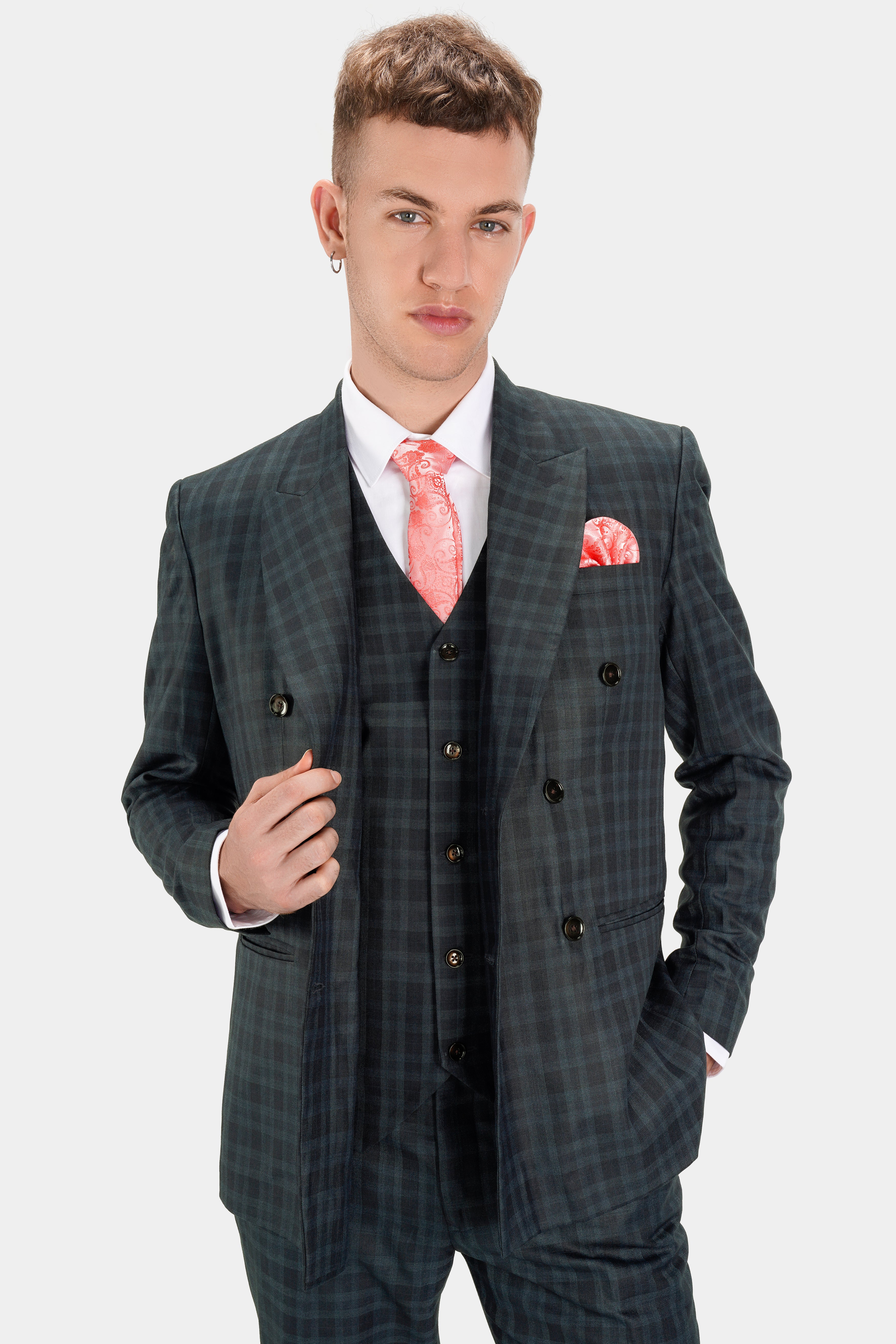 Baltic Sea Blue with Tuna Navy Blue Checkered Wool Rich Waistcoat