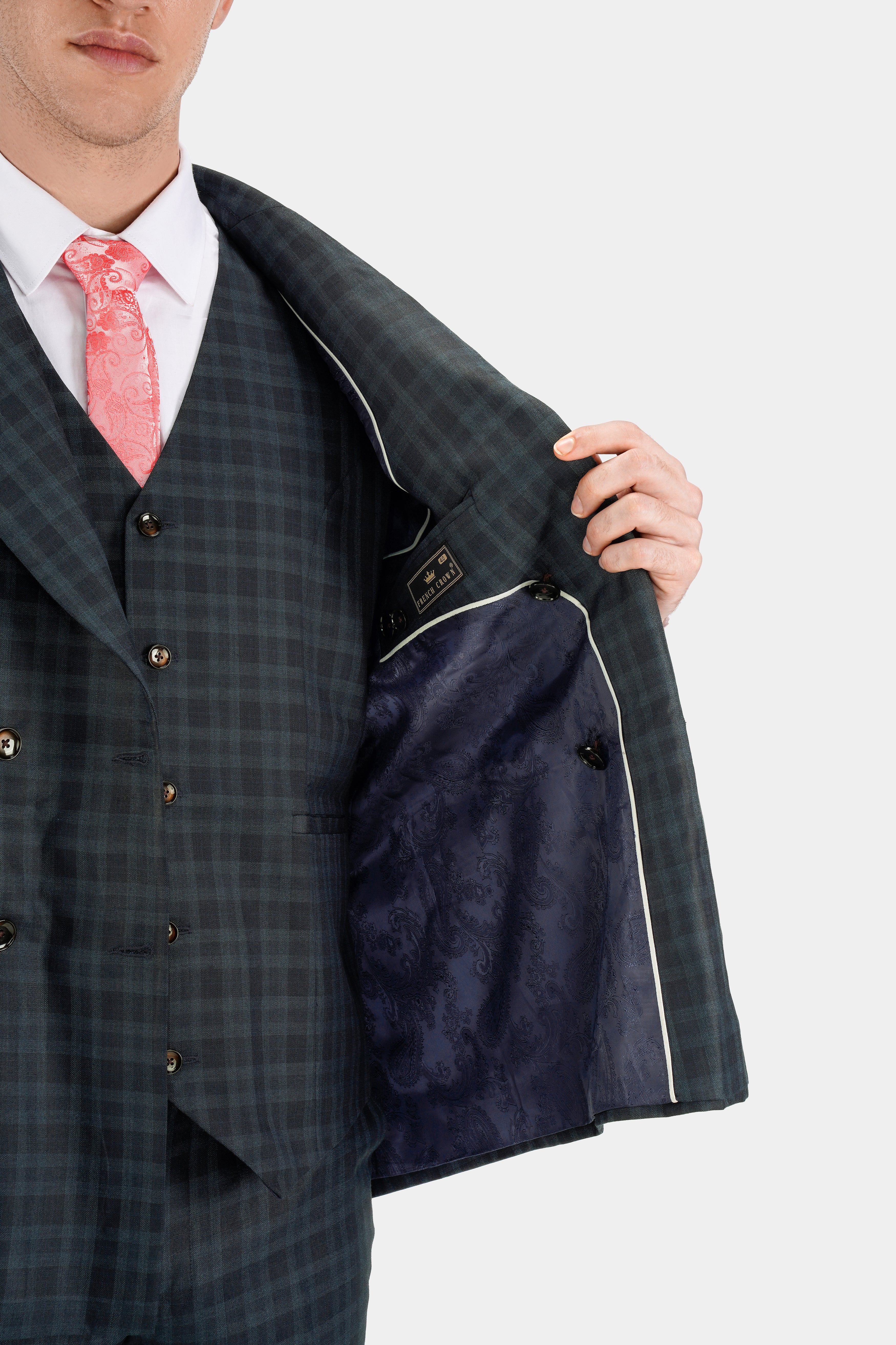Baltic Sea Blue with Tuna Navy Blue Checkered Wool Rich Waistcoat