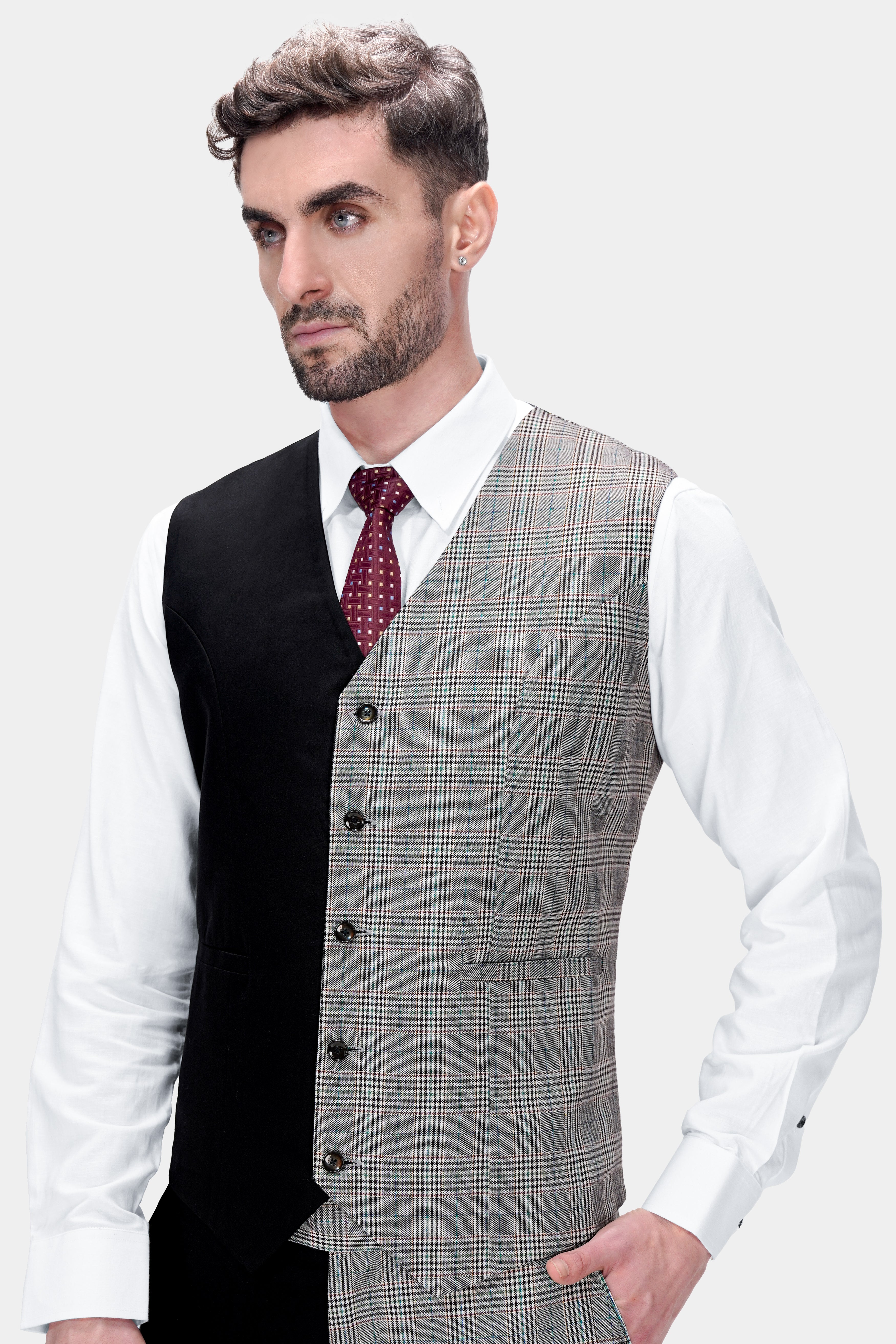 Half Black and Half Battleship Gray Checkered Wool Rich Designer Waistcoat V2748-36, V2748-38, V2748-40, V2748-42, V2748-44, V2748-46, V2748-48, V2748-50, V2748-52, V2748-54, V2748-56, V2748-58, V2748-60