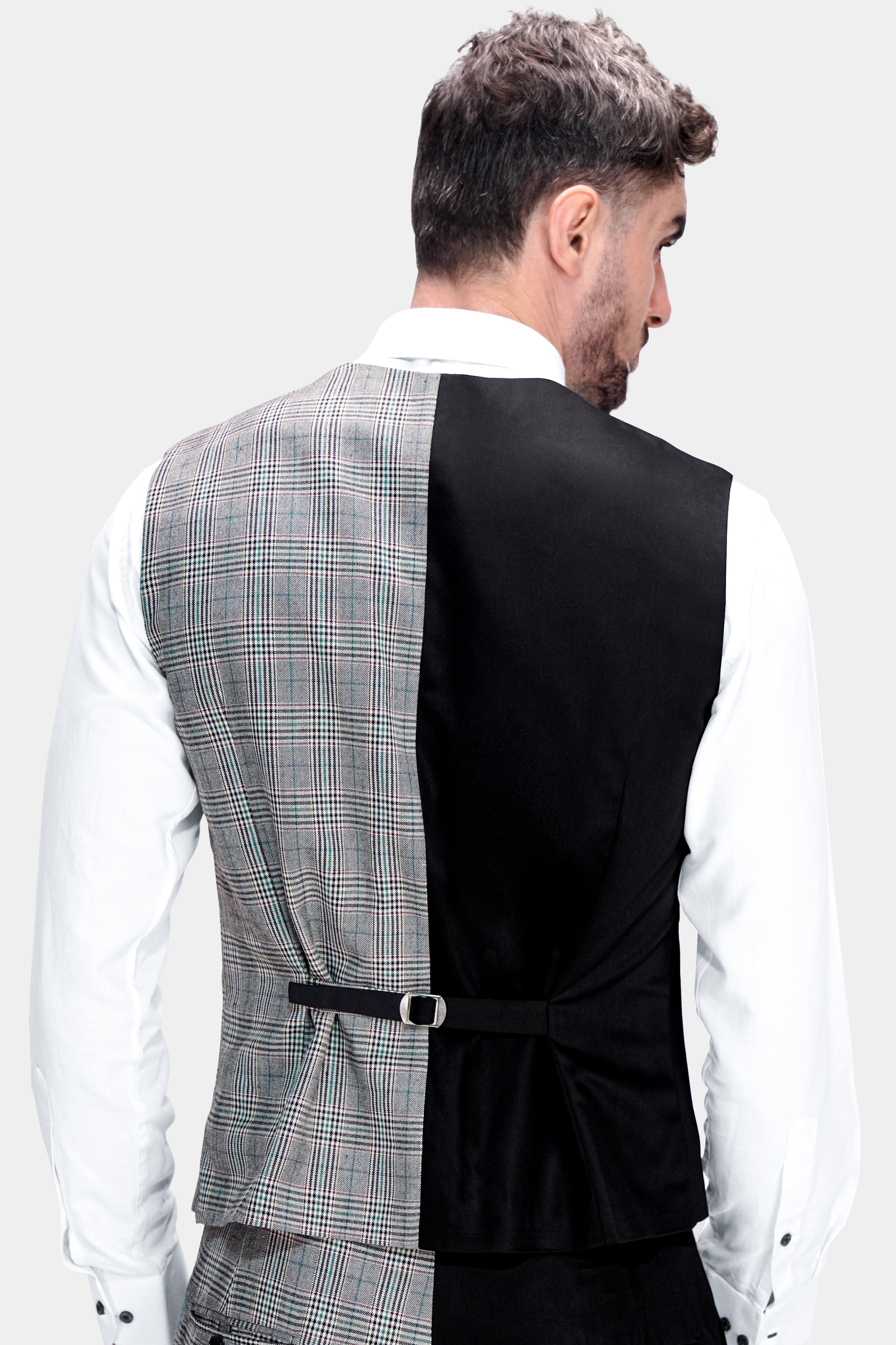 Half Black and Half Battleship Gray Checkered Wool Rich Designer Waistcoat V2748-36, V2748-38, V2748-40, V2748-42, V2748-44, V2748-46, V2748-48, V2748-50, V2748-52, V2748-54, V2748-56, V2748-58, V2748-60