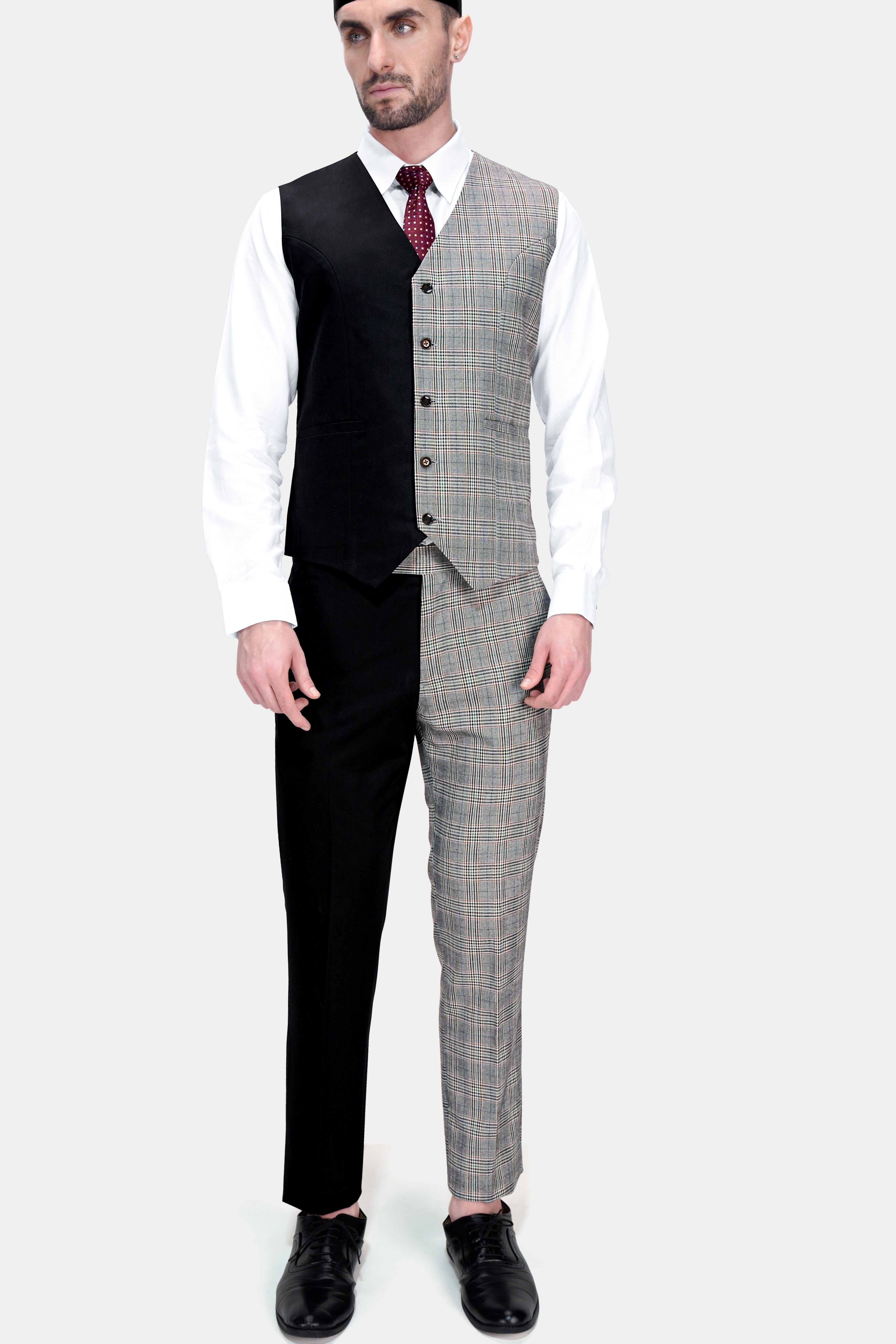 Half Black and Half Battleship Gray Checkered Wool Rich Designer Waistcoat V2748-36, V2748-38, V2748-40, V2748-42, V2748-44, V2748-46, V2748-48, V2748-50, V2748-52, V2748-54, V2748-56, V2748-58, V2748-60