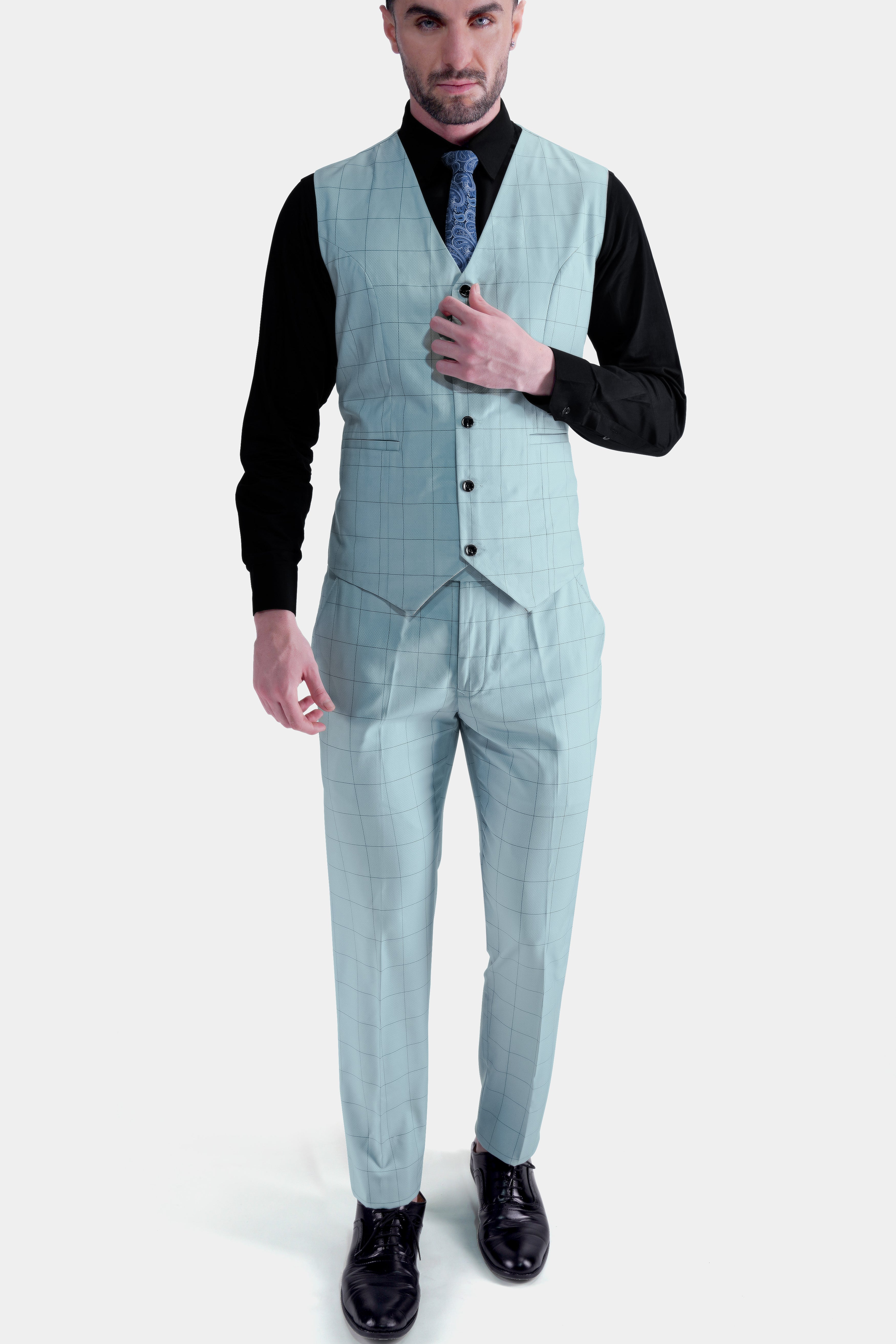 Metallic Gray Windowpane Wool Rich Waistcoat