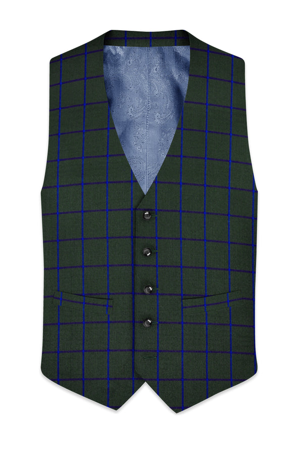 Kombu Green Checkered Wool Rich Waistcoat