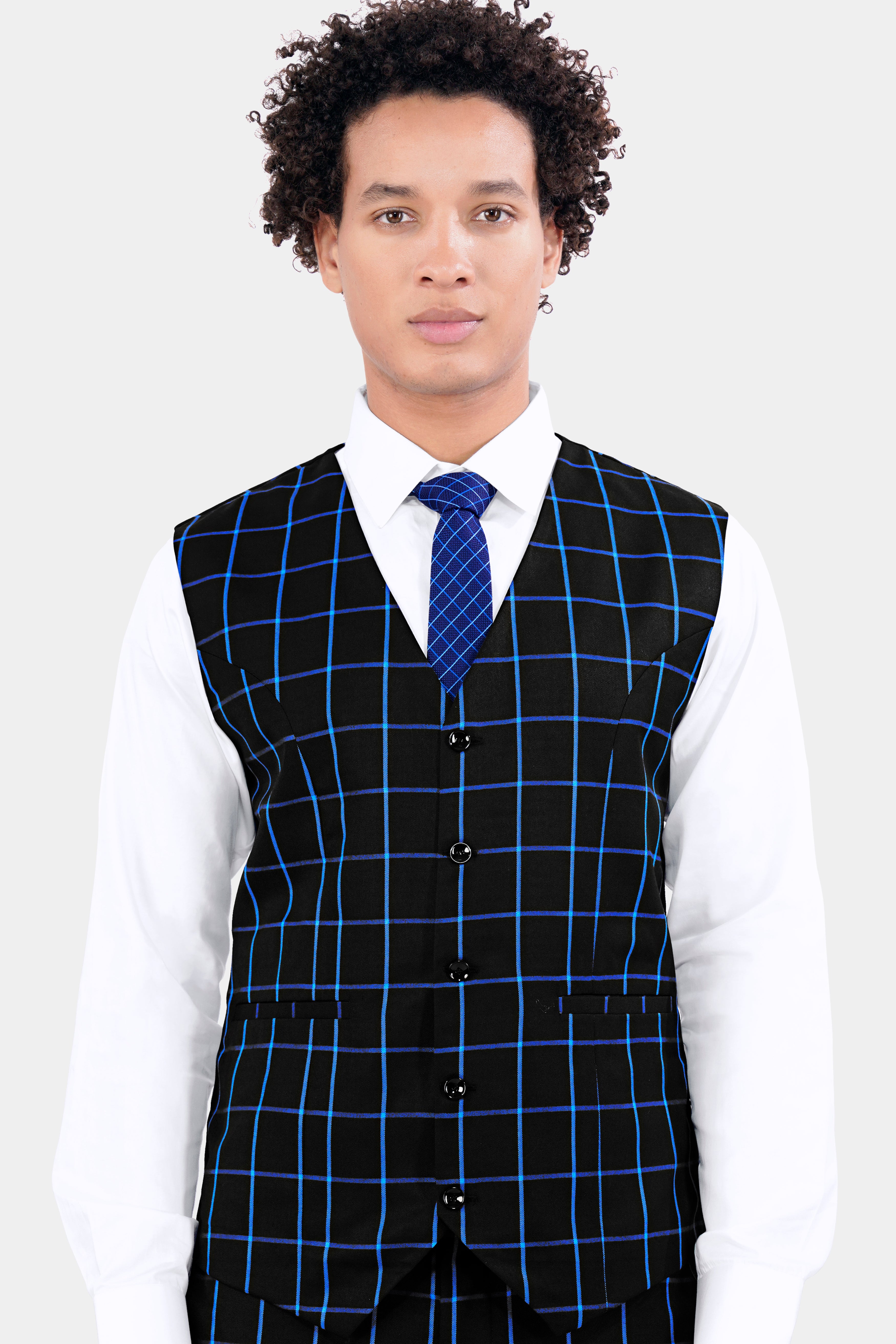 Jade Black With Cerulean Blue Windowpane Wool Rich Waistcoat V2897-36, V2897-38, V2897-40, V2897-42, V2897-44, V2897-46, V2897-48, V2897-50, V2897-97, V2897-54, V2897-56, V2897-58, V2897-60