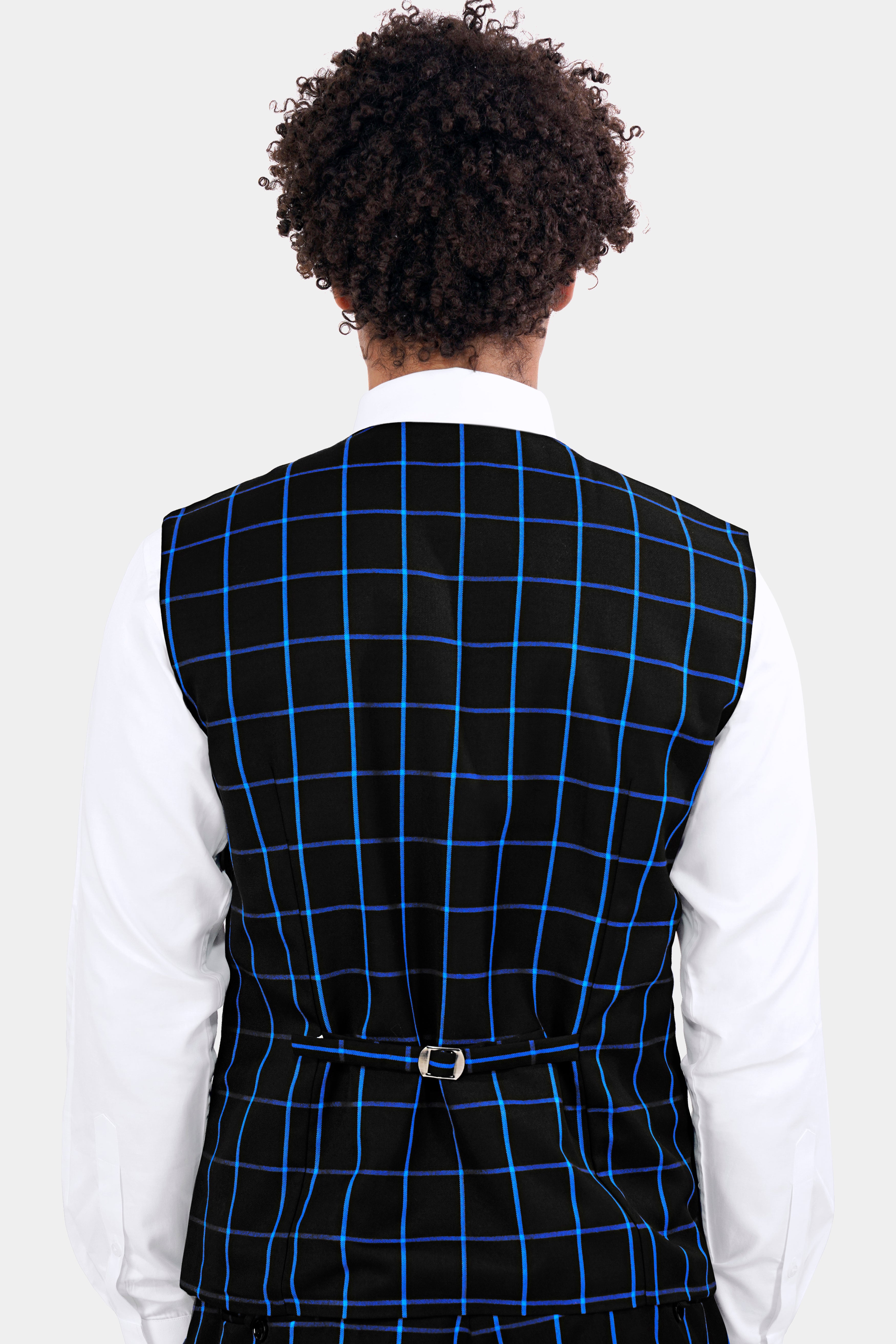 Jade Black With Cerulean Blue Windowpane Wool Rich Waistcoat V2897-36, V2897-38, V2897-40, V2897-42, V2897-44, V2897-46, V2897-48, V2897-50, V2897-97, V2897-54, V2897-56, V2897-58, V2897-60