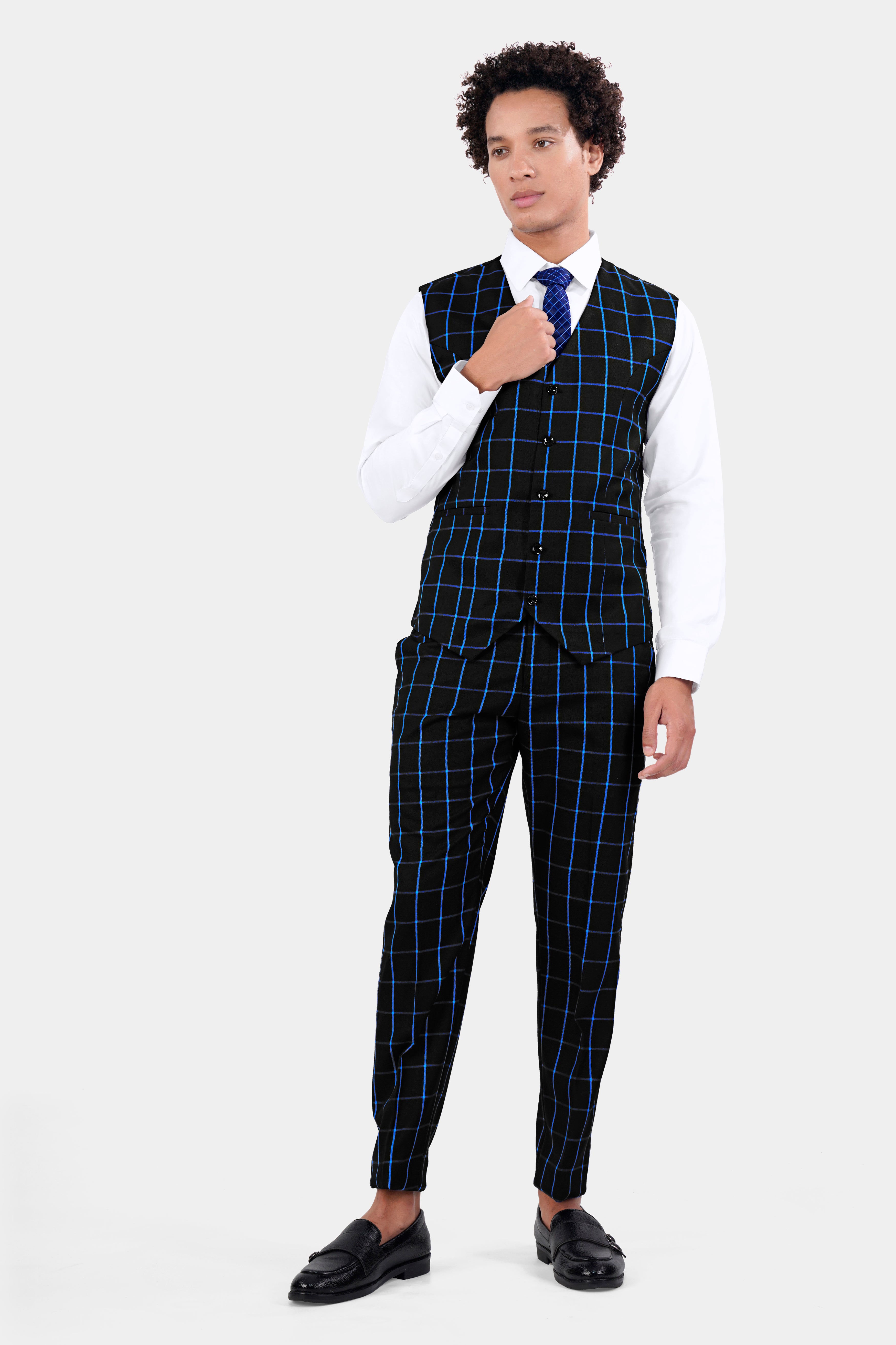 Jade Black With Cerulean Blue Windowpane Wool Rich Waistcoat V2897-36, V2897-38, V2897-40, V2897-42, V2897-44, V2897-46, V2897-48, V2897-50, V2897-97, V2897-54, V2897-56, V2897-58, V2897-60