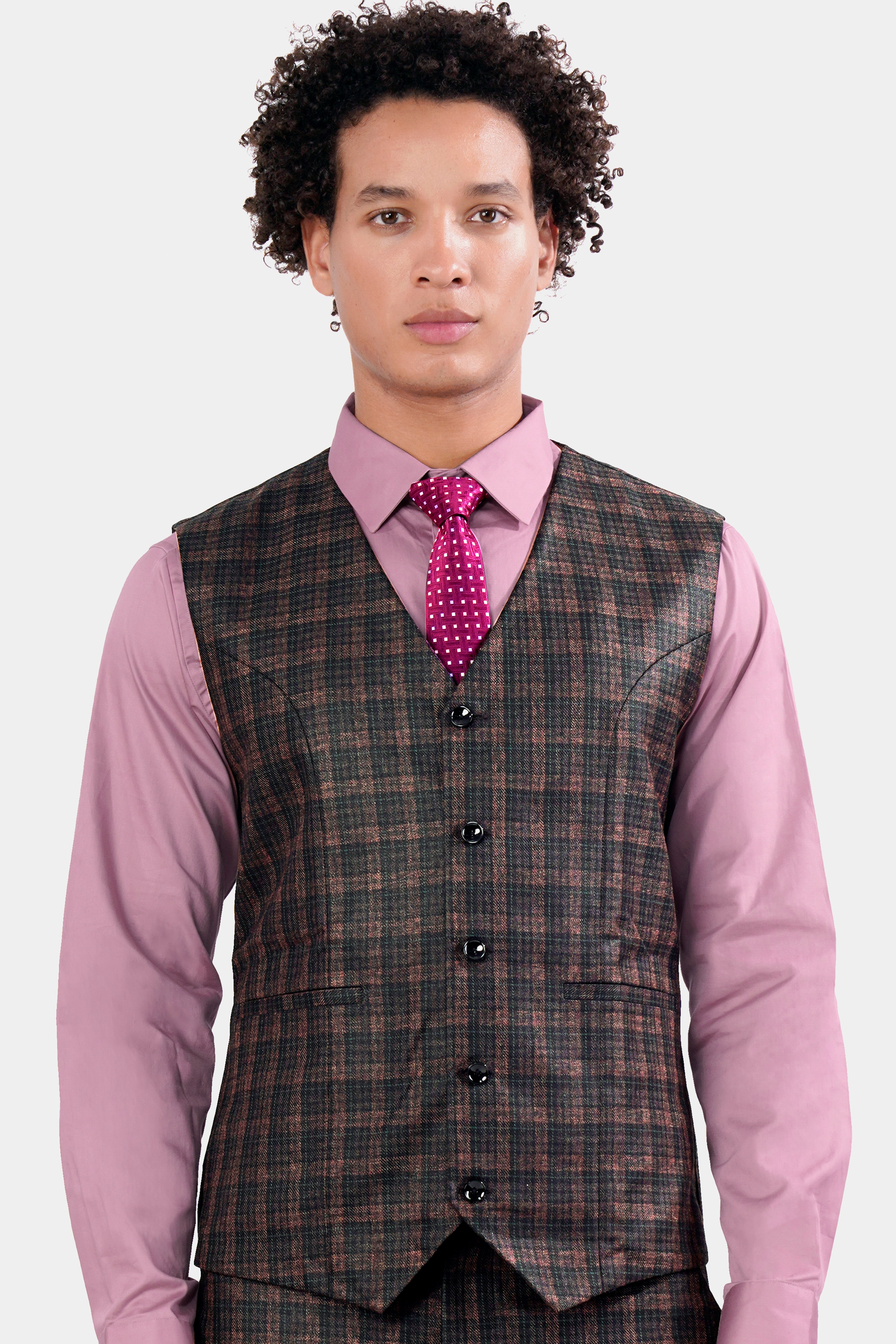 Bole Brown with Ebony Clay Black Plaid Wool Rich Waistcoat V2914-36, V2914-38, V2914-40, V2914-42, V2914-44, V2914-46, V2914-48, V2914-50, V2914-14, V2914-54, V2914-56, V2914-58, V2914-60
