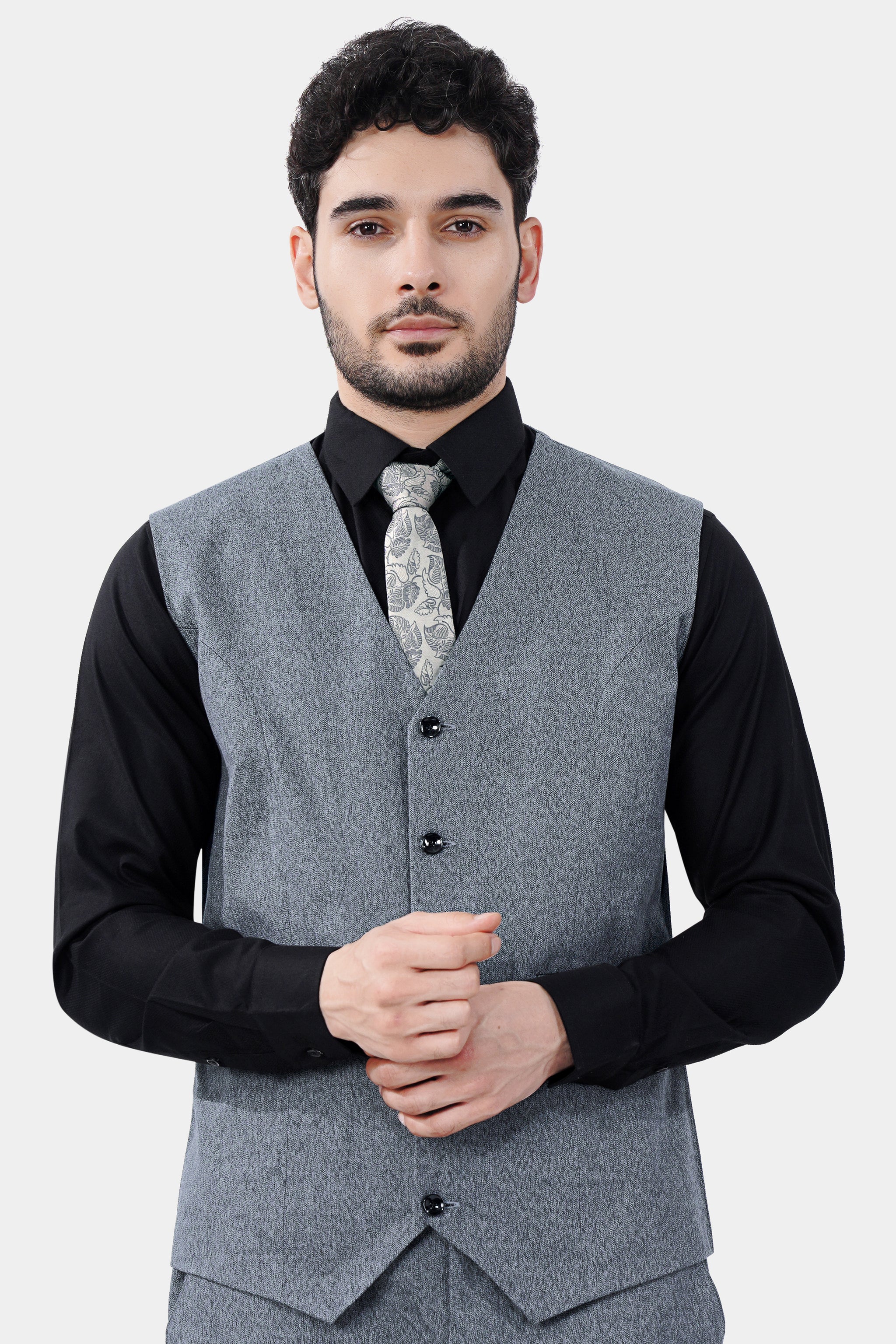 Marengo Gray Textured Premium Cotton Wedding Waistcoats For Men.