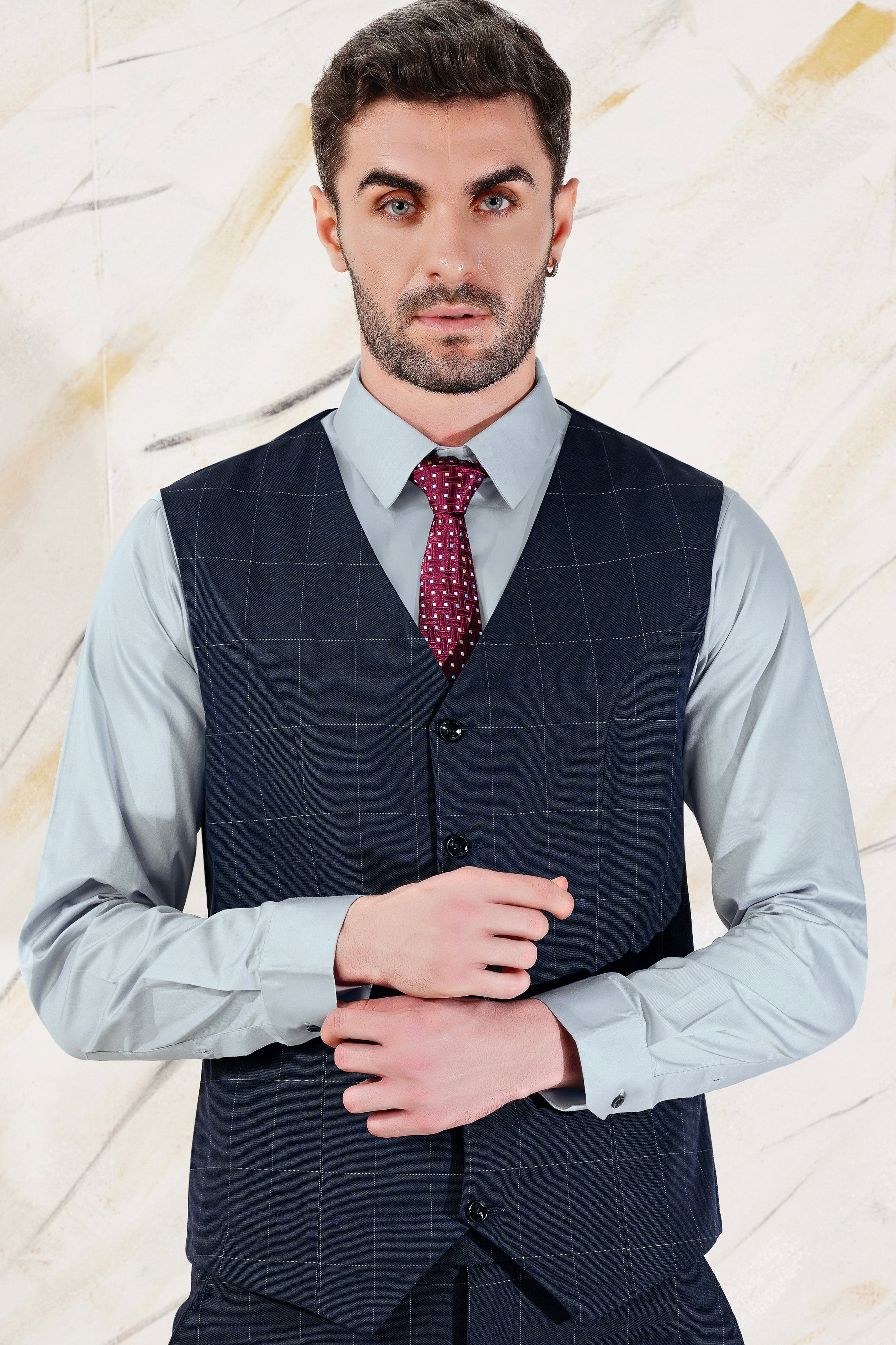 Ebony Blue and Bright White Windowpane Premium Cotton Waistcoat