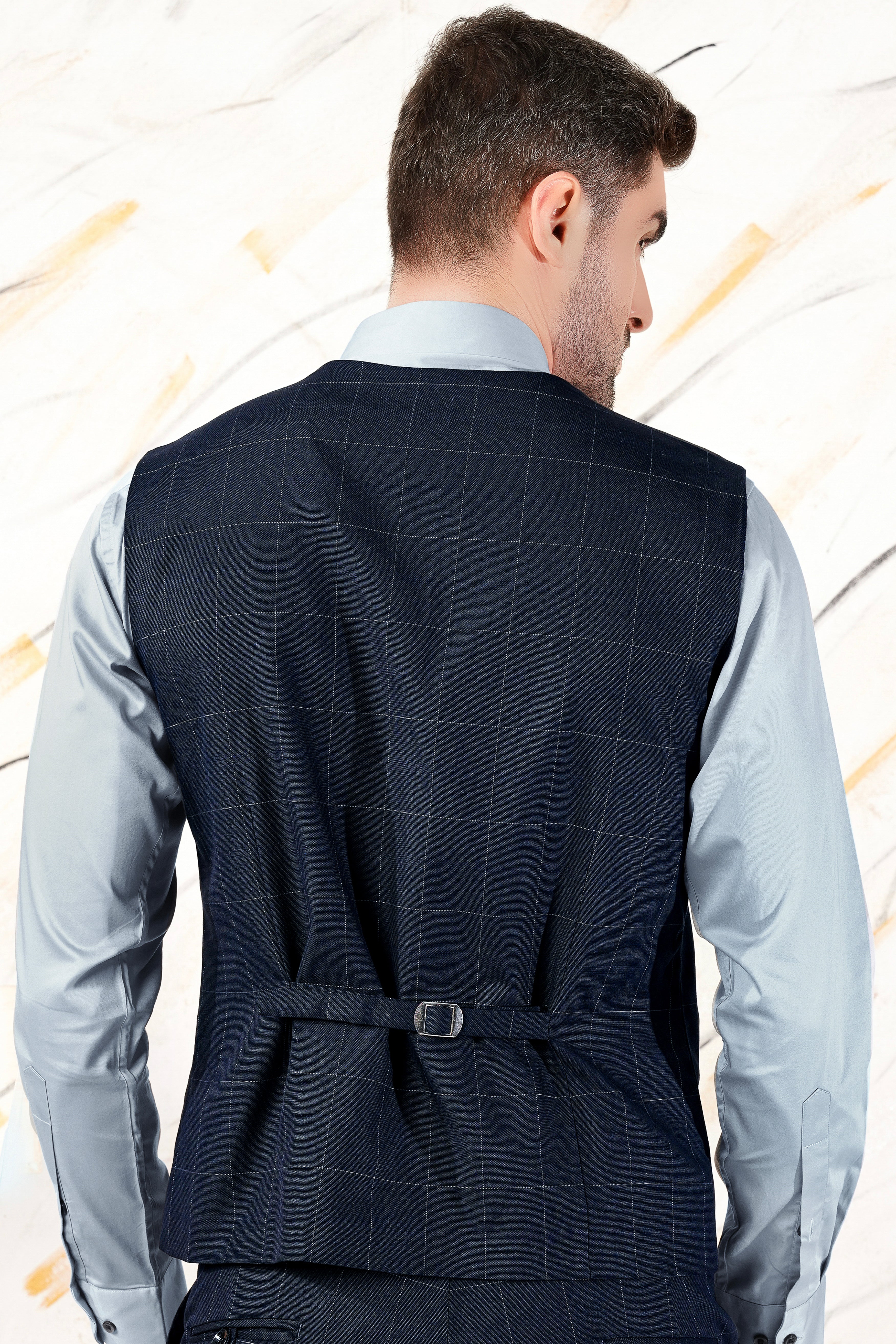 Ebony Blue and Bright White Windowpane Premium Cotton Waistcoat