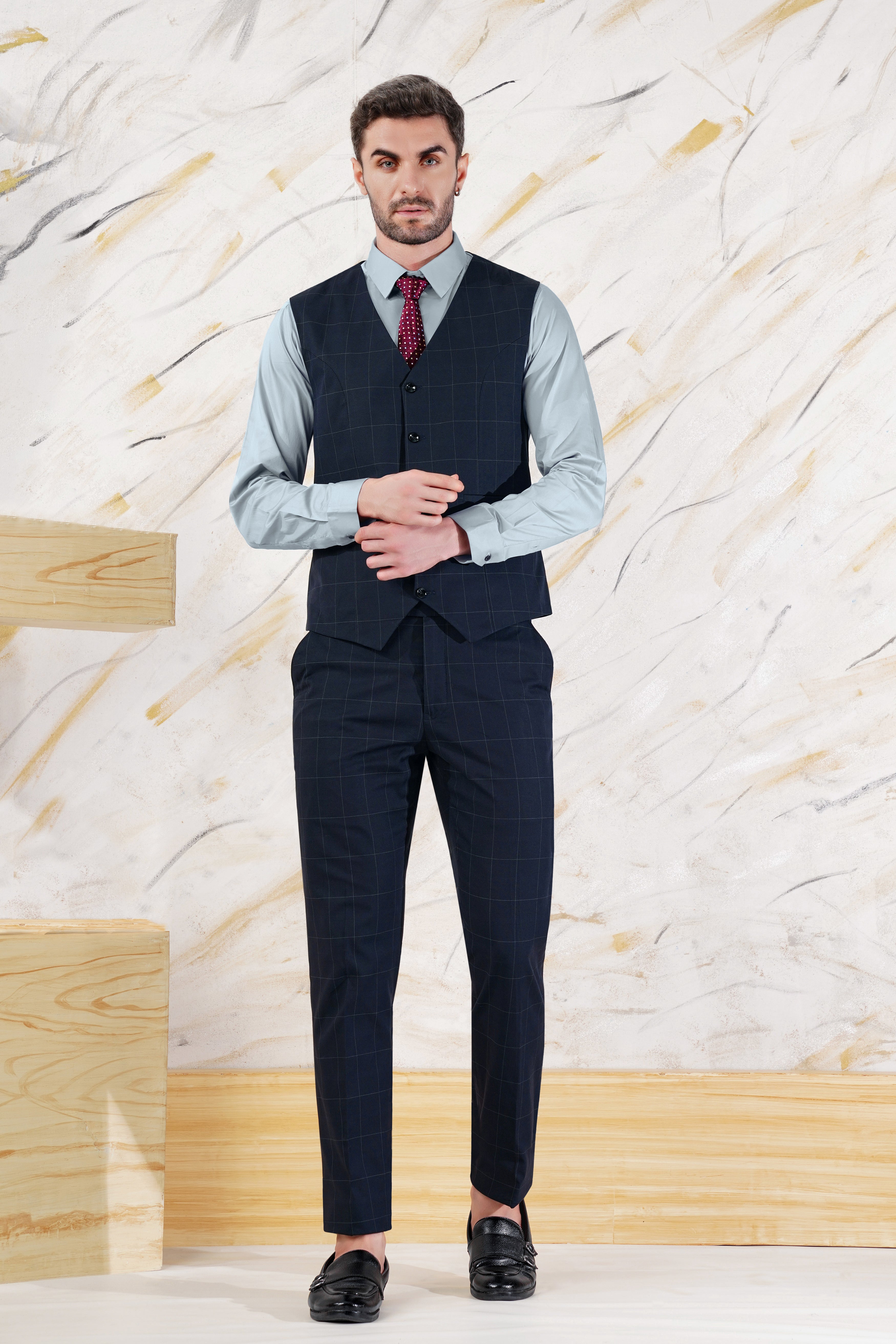 Ebony Blue and Bright White Windowpane Premium Cotton Waistcoat