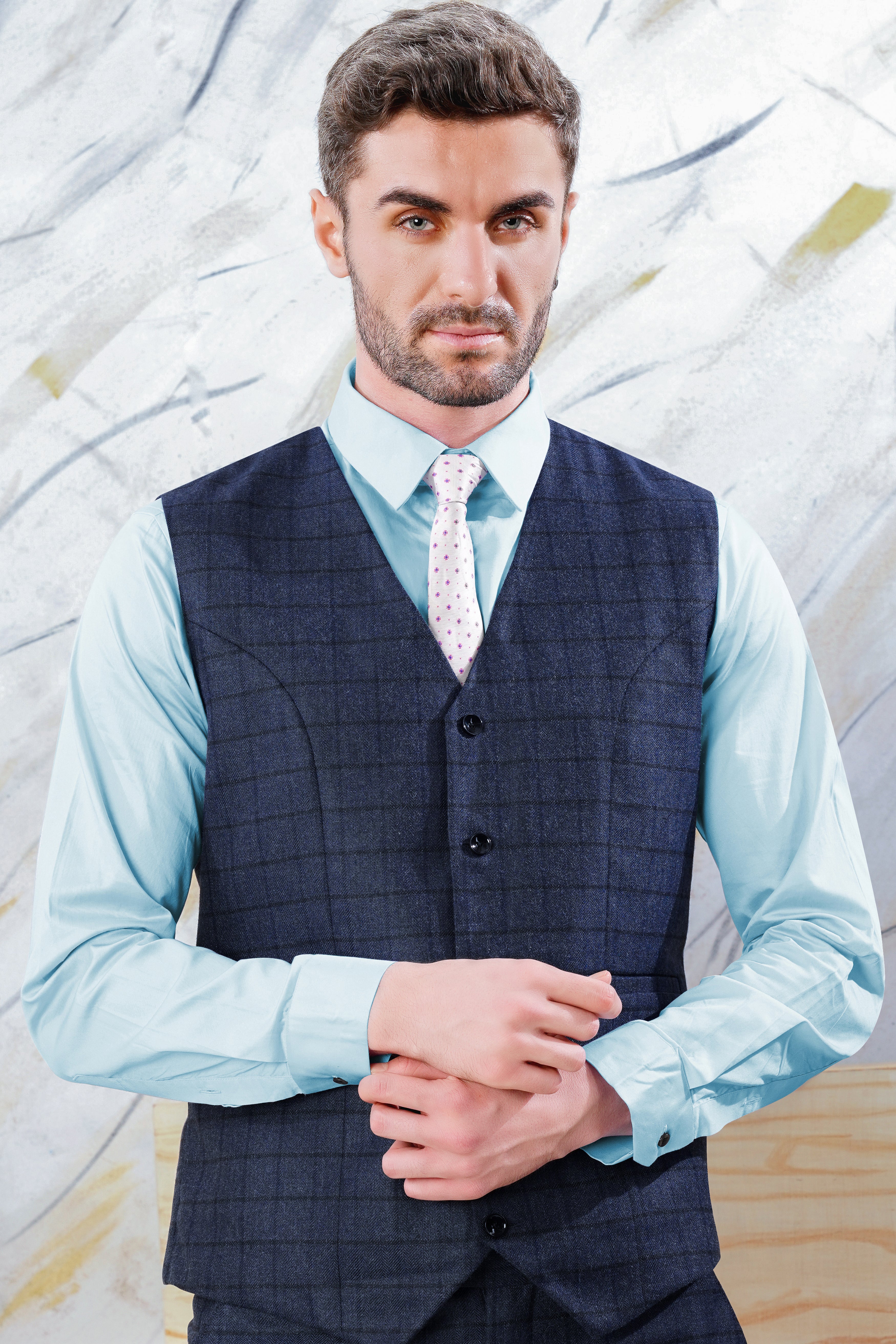 Ebony Clay Blue Windowpane Tweed Waistcoat