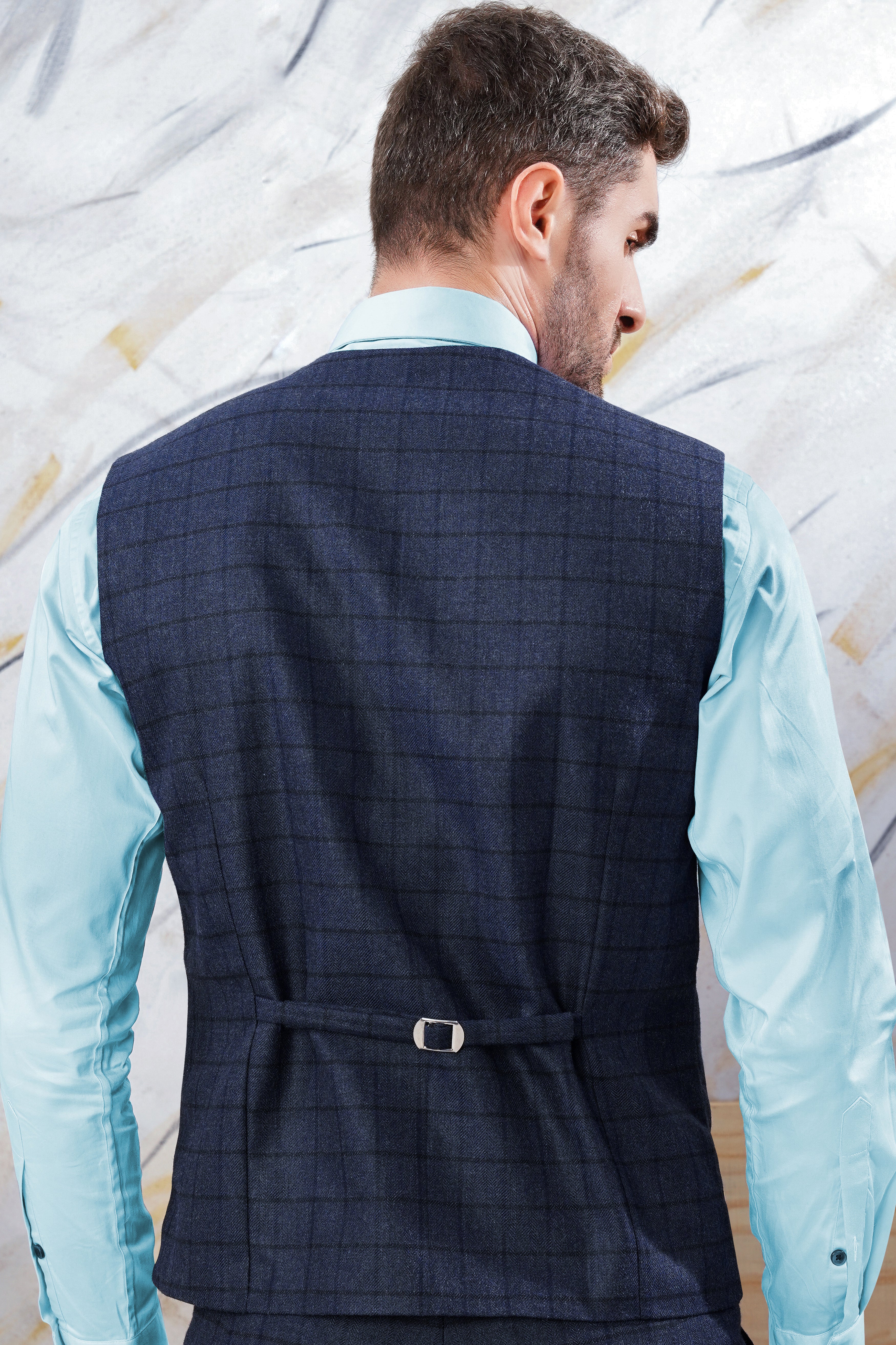 Ebony Clay Blue Windowpane Tweed Waistcoat