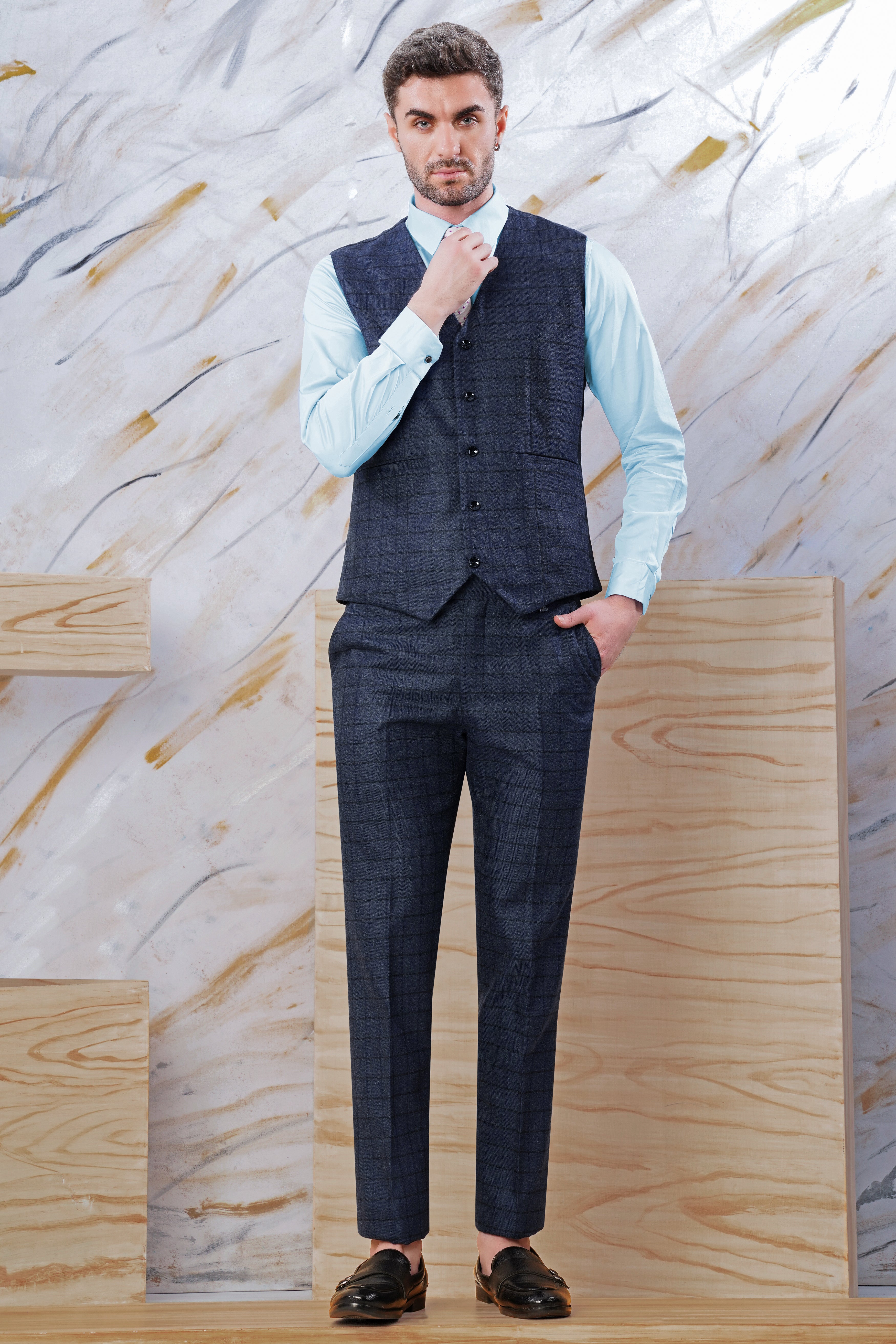 Ebony Clay Blue Windowpane Tweed Waistcoat