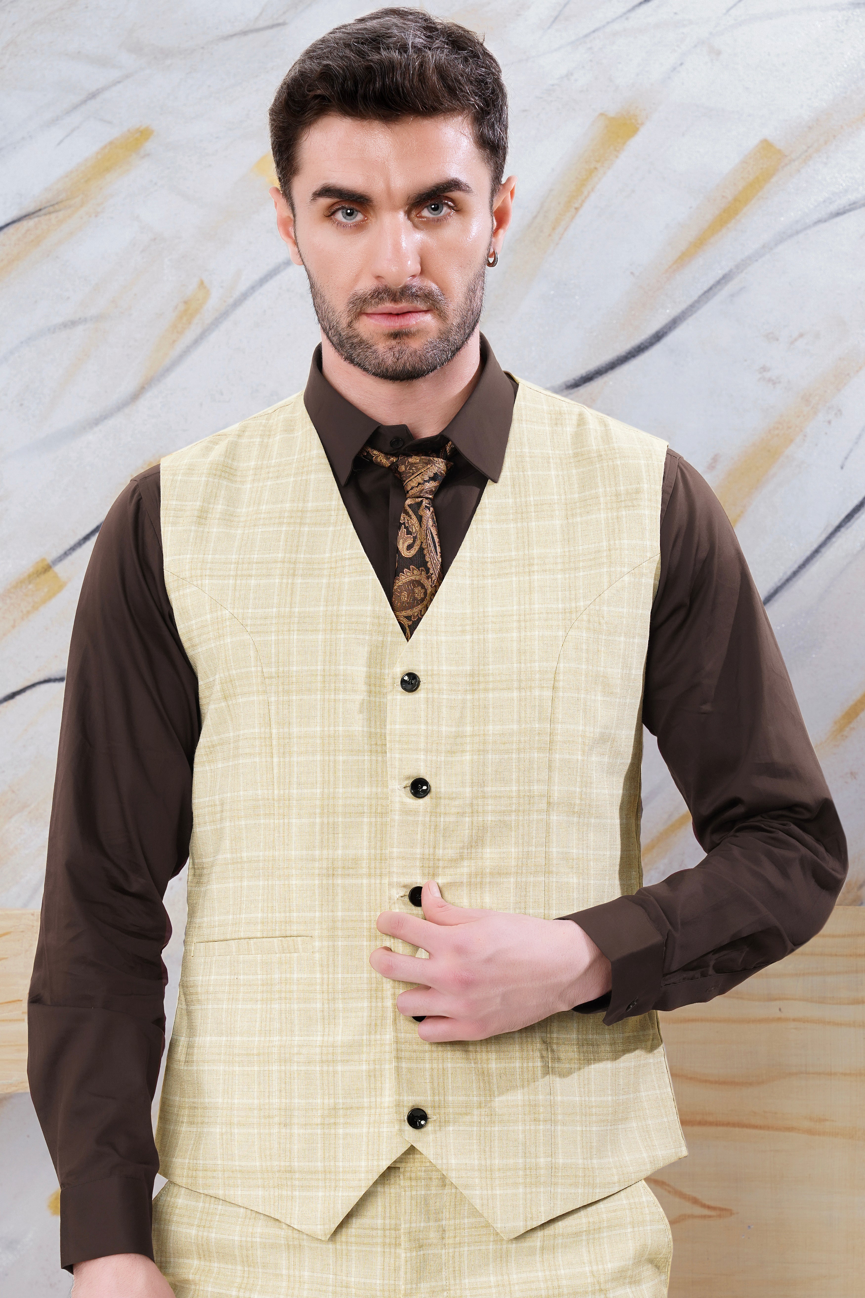 Hampton Beige Wool Rich Plaid Waistcoat