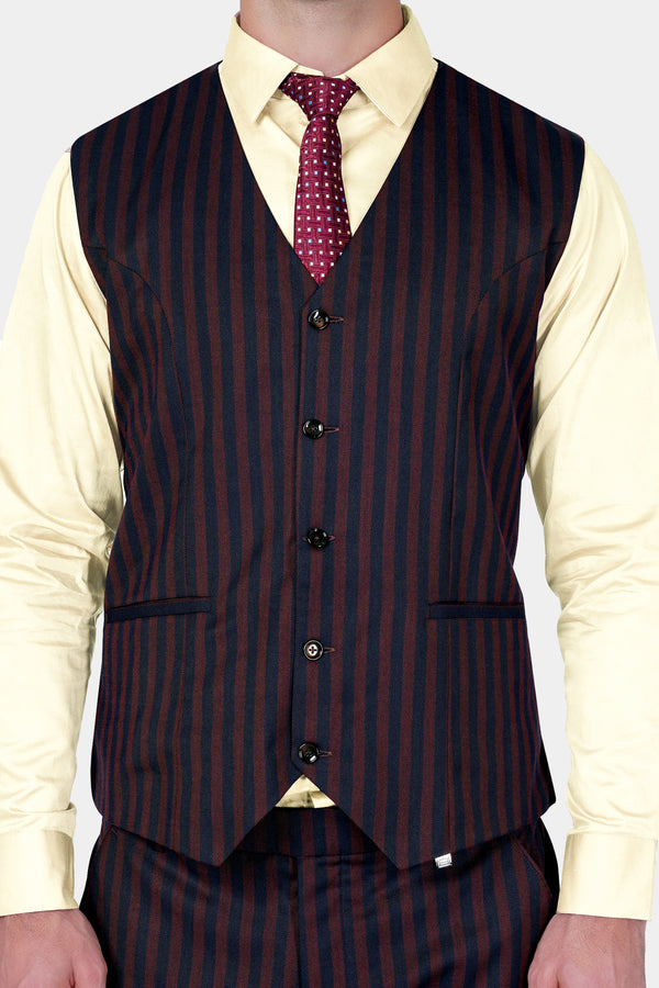 Gondola Brown and Mirage Blue Striped Wool Rich Waistcoat